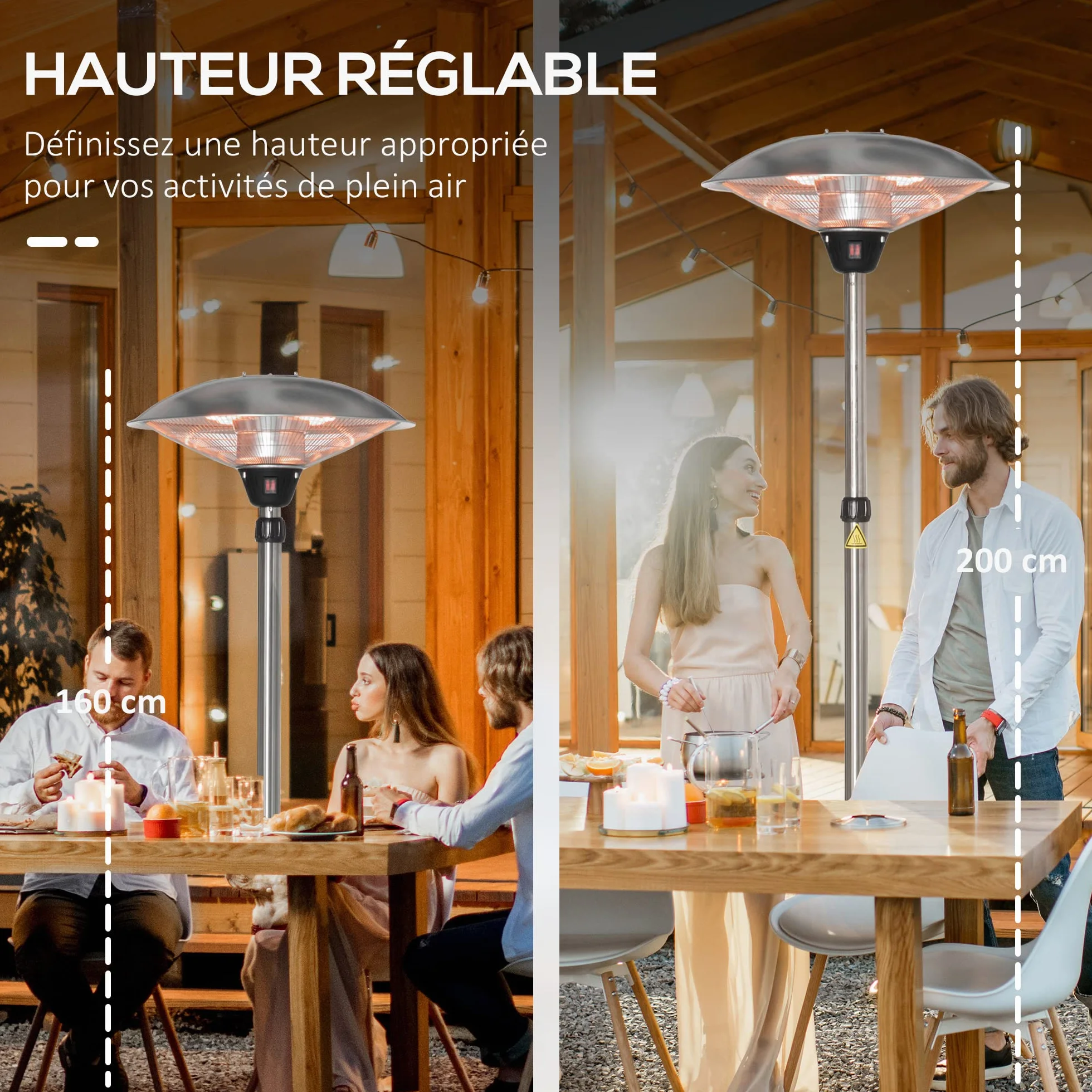Outsunny Parasol chauffant électrique 3000W IP44 chauffage infrarouge sur pied acier inox argent hauteur réglable 160-200 cm