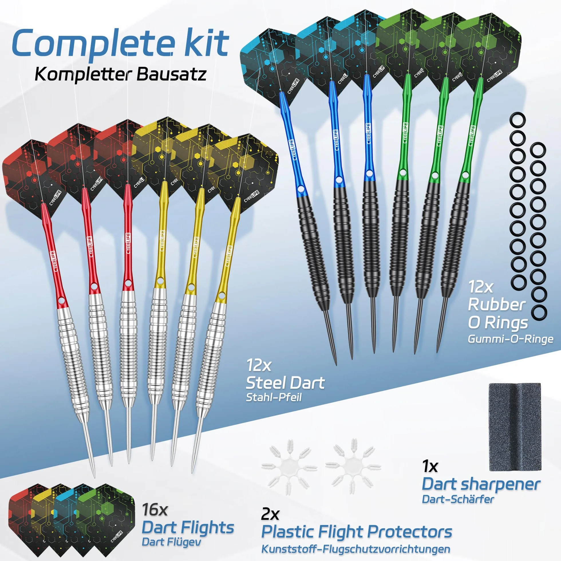 CyeeLife Fléchettes de dart avec pointe en métal, 20g set professionnel en acier avec 12 tiges en aluminium + 16 flights + 12 protège-flights en aluminium + 20 anneaux en caoutchouc anti-dévissage