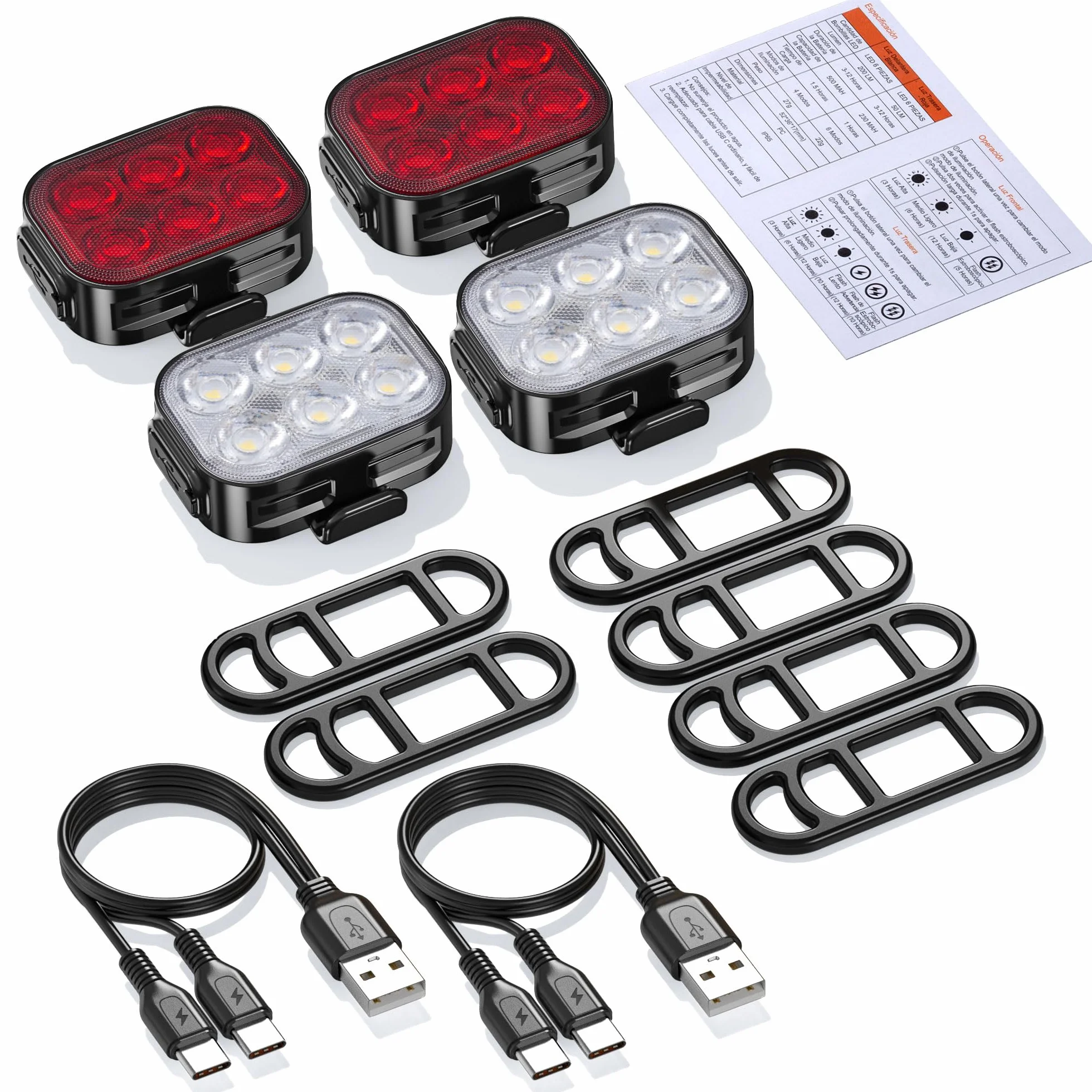 Lumiere Velo，Feux Avant et Arrière de Vélo, IP65 Imperméable à l'eau USB Rechargeable, Équipé de 6 Perles de Lumière LED Super Lumineux, 4 + 6 Modes D'éclairage, Adapté pour la Conduite de Nuit.