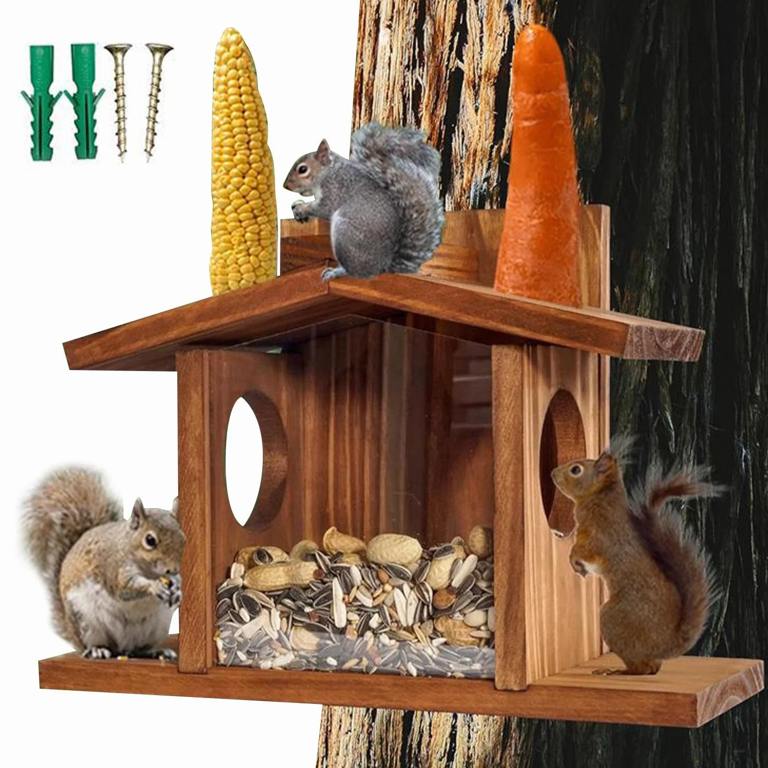 Mangeoire pour écureuils extérieur en bois avec toit amovible durable