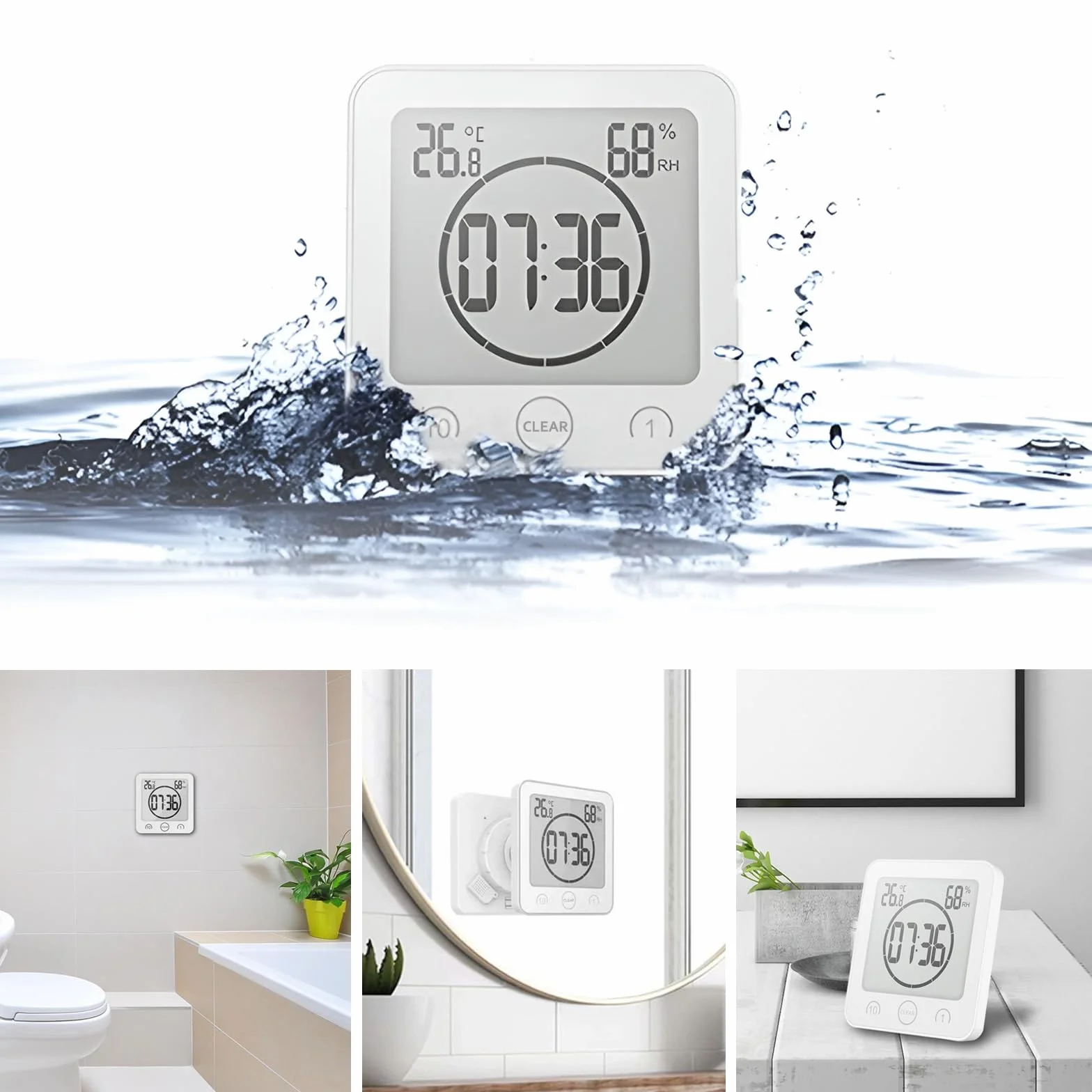 Horloge de salle de bain numérique à ventouse avec écran LCD, affichage humidité température, minuteur, blanc
