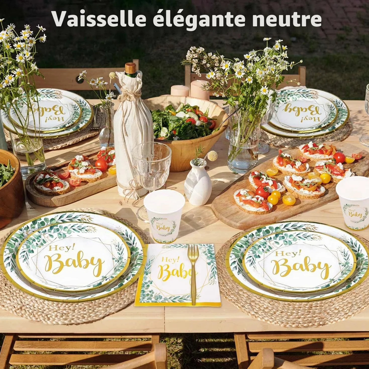 Baby Shower Vaisselle Assiette Sert 25 Invités 125pcs Neutre Bapteme Vert Sauge