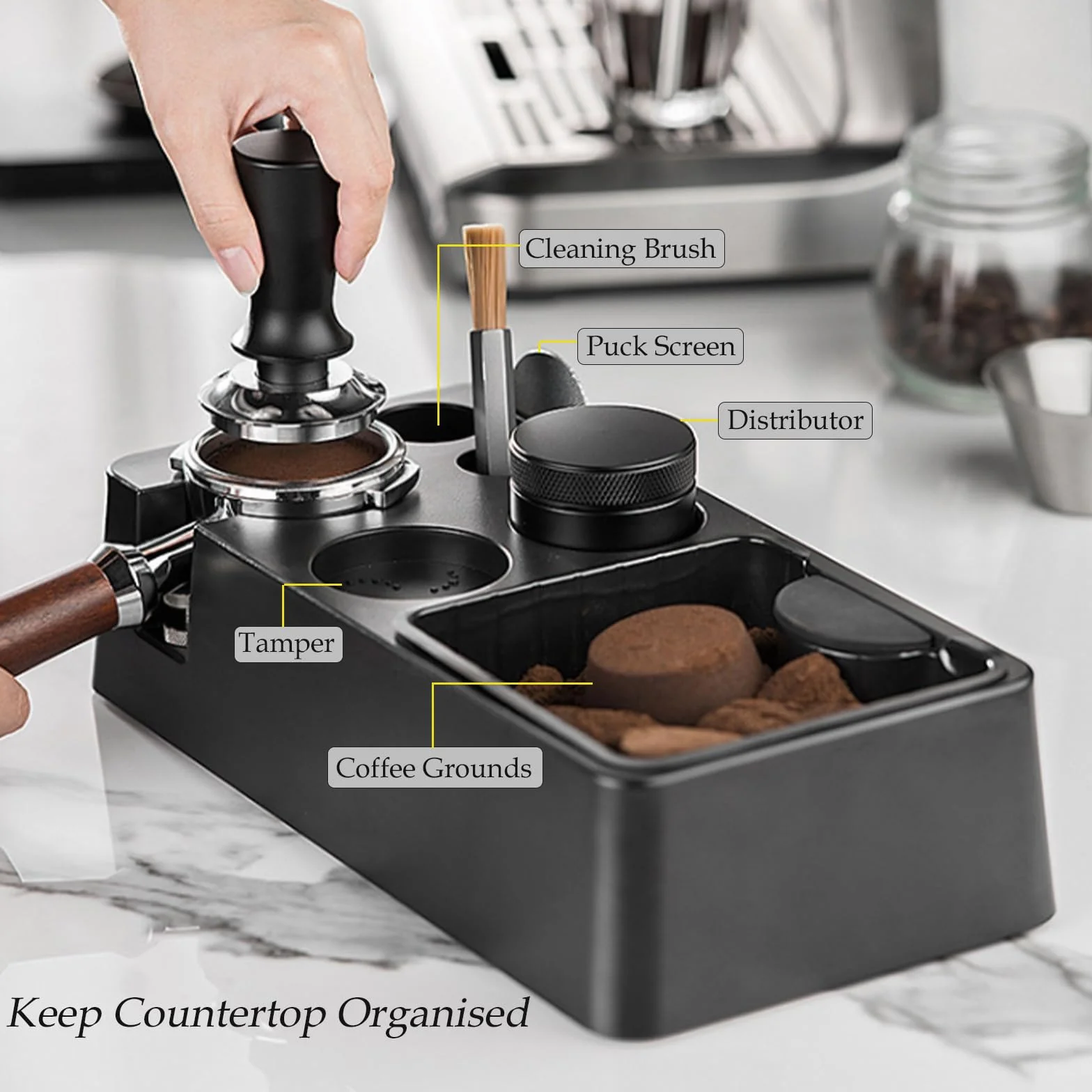 Station Tassage Café avec Knock Box, Tamper 51-58,5mm, Distributeur Café, Accessoires pour Machine à Café Barista