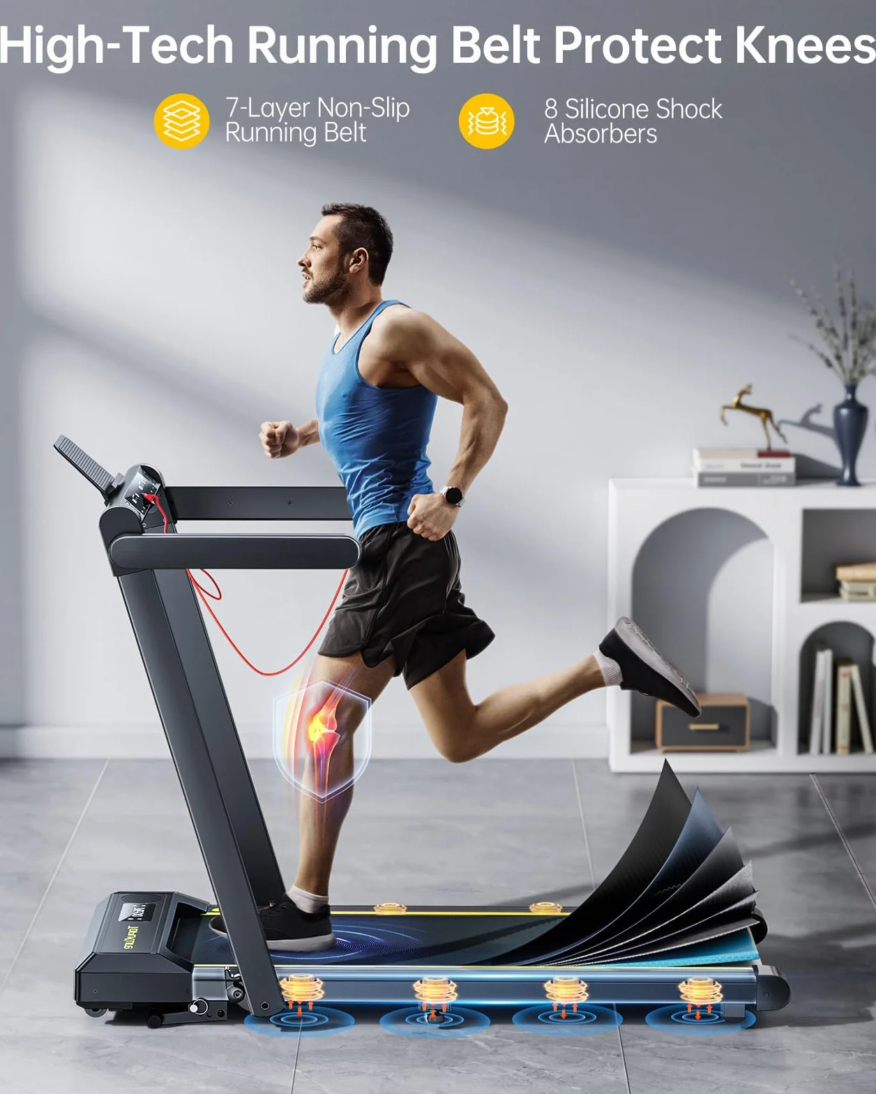 Tapis de Course, Vitesse Max 16 km/h, réglage de la Pente à 3 Vitesses, Max Pente 12%, Bande de Course Large 42cm, 2.5 HP, Tapis de Course électrique Pliable, Double écran LED, Mesure de la fréquenc