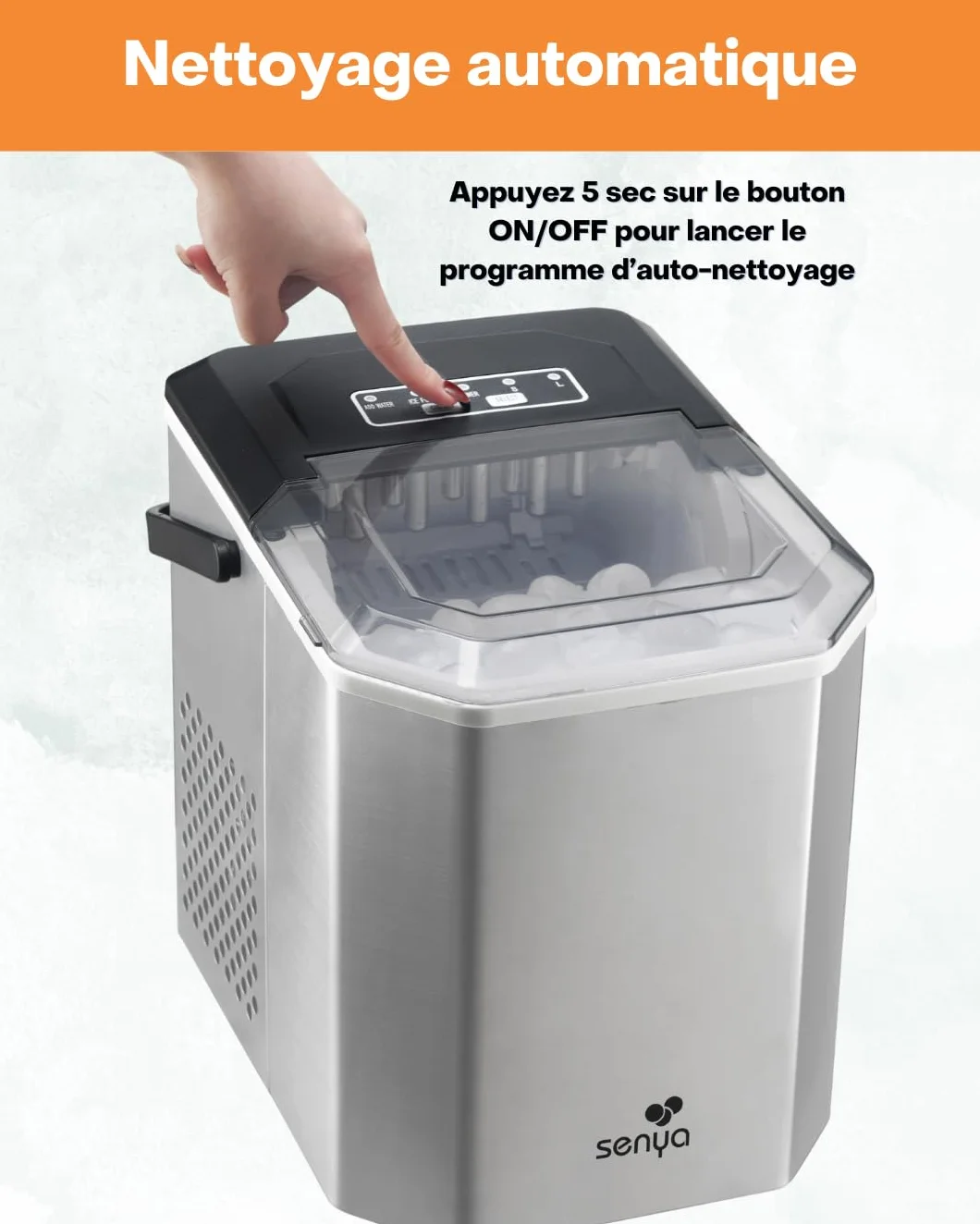 SENYA ICE COOL Machine à Glaçons Rapide 12kg/24h – 9 Glaçons en 6 à 13 min – 2 Tailles – Réservoir 1,3L – Auto-Nettoyante – Compacte et Portable