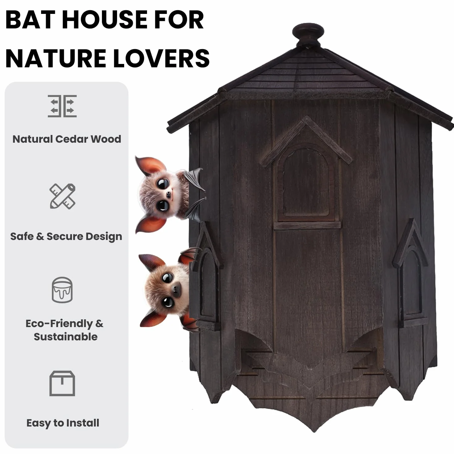 Maison pour chauve-souris naturelle en bois abri extérieur taille L marron noir
