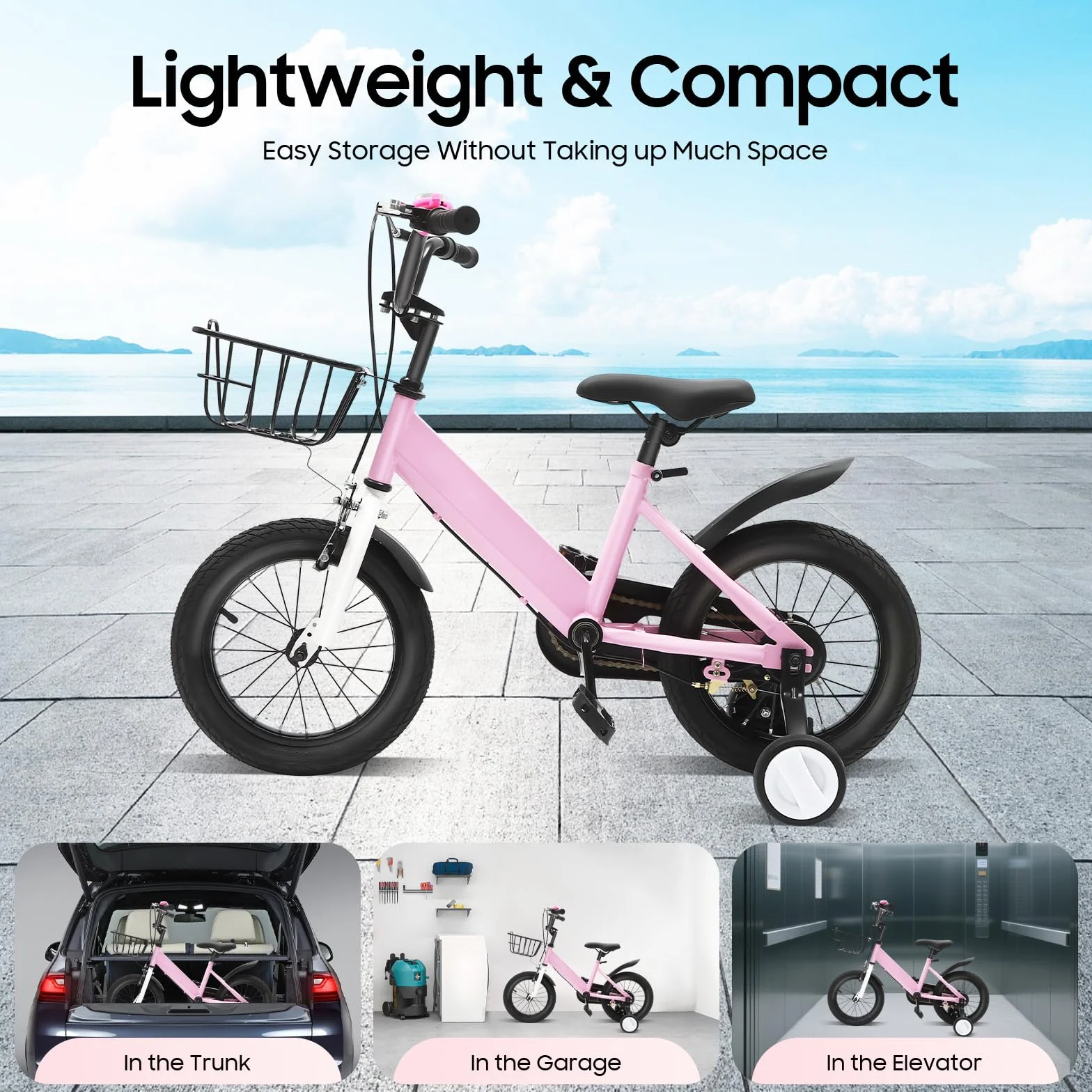 Vélo enfant 14" pour 3 à 5 ans | Roues stabilisatrices, panier et garde-boue avec | Siège réglable en hauteur | Pour filles et garçons | Rose