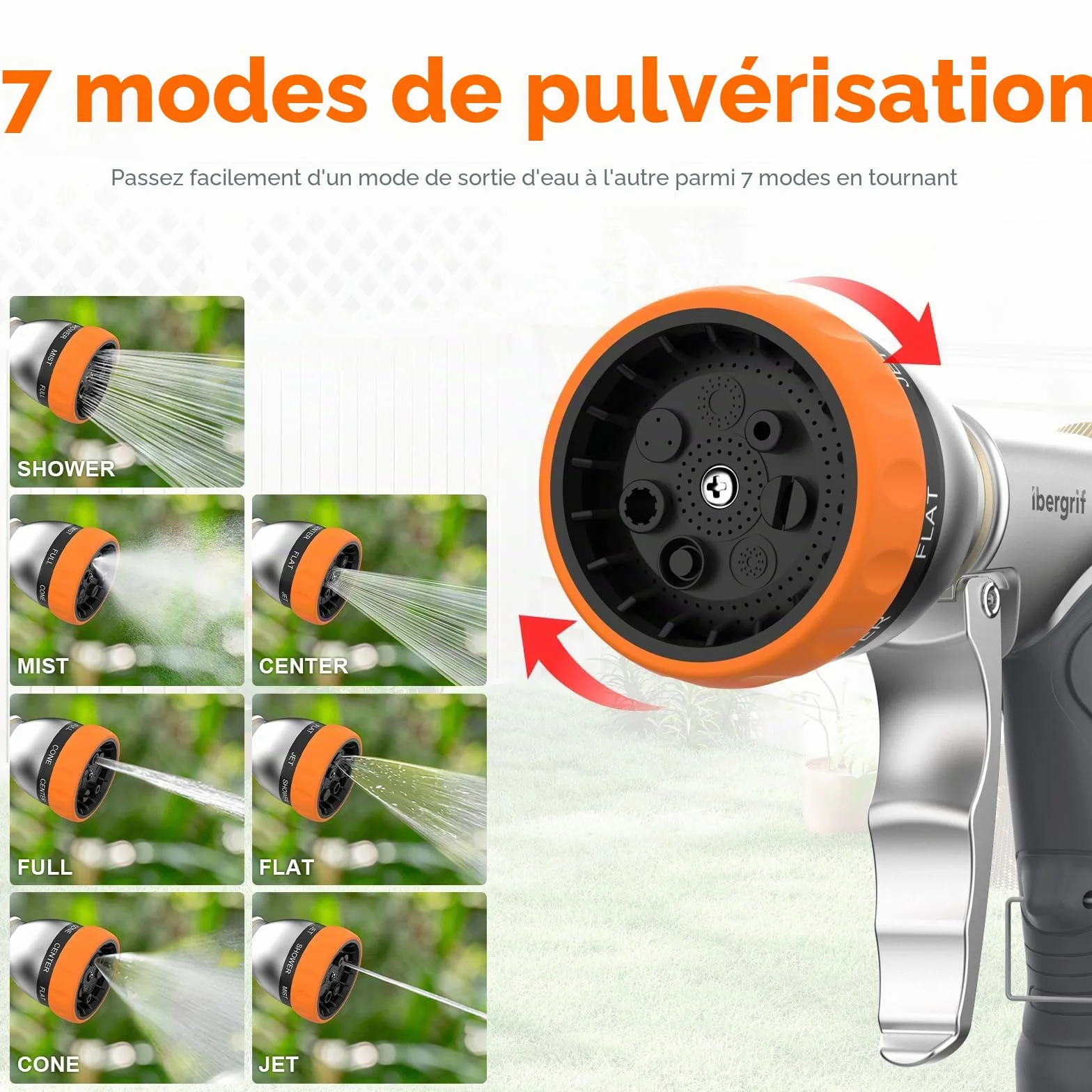 Ibergrif M20285 Pistolet Arrosage Jardin Métal 7 Modèles Réglables