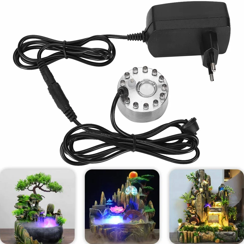 Brumisateur à Ultrasons, Mini Fontaine d'Eau avec 12 Lumières, Humidificateur pour Bassin et Étang 100-240V