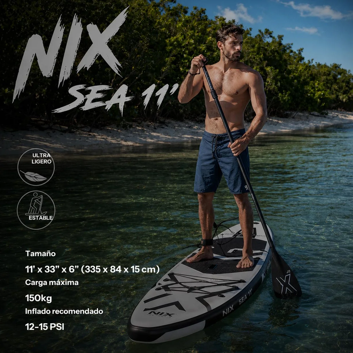 Nixsea Planche de paddle gonflable 335 cm Sup Allround avec accessoires, antidérapante, quille amovible, paddle surf adulte jusqu'à 159 kg