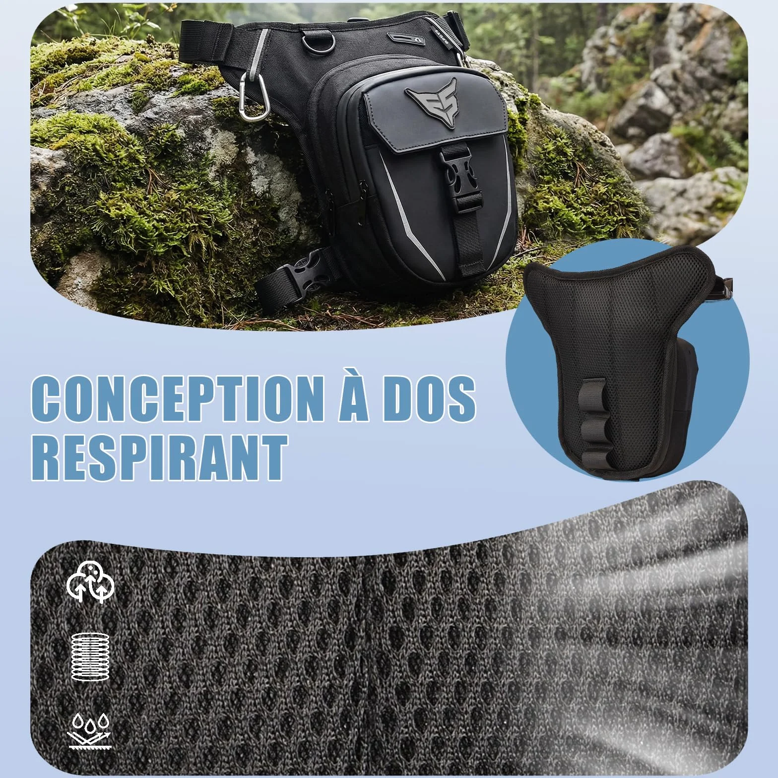 Eshow Sacoche de Jambe Moto Capacité Extensible,Sac Banane Homme Femme Bande Réfléchissante, Ceinture Réglable, 4 Mousquetons Randonnée Outdoor
