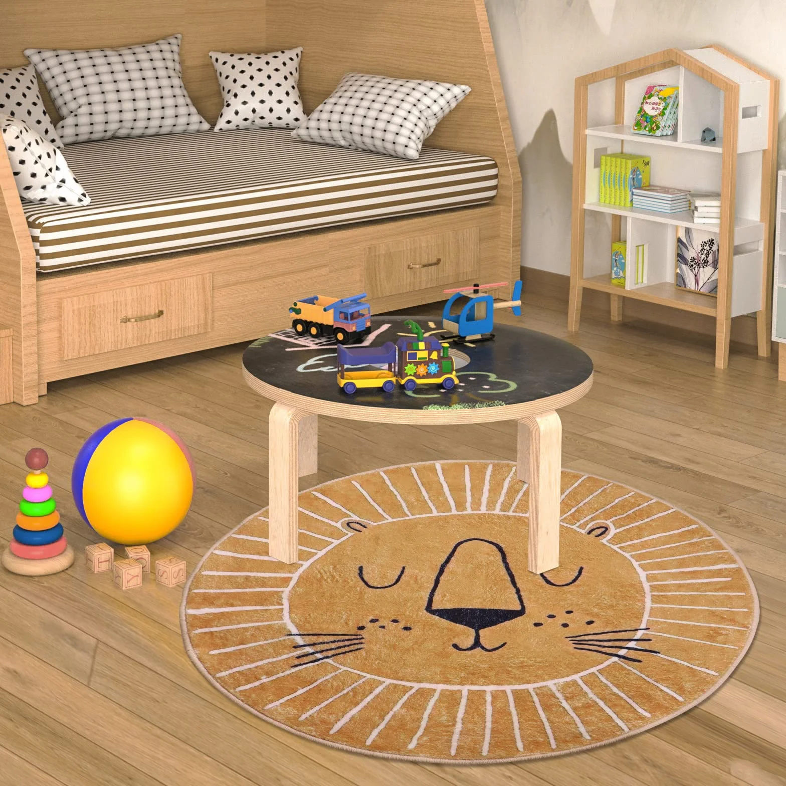 Tapis rond antidérapant lavable 80 cm motif tête de lion marron jaune intérieur extérieur enfant
