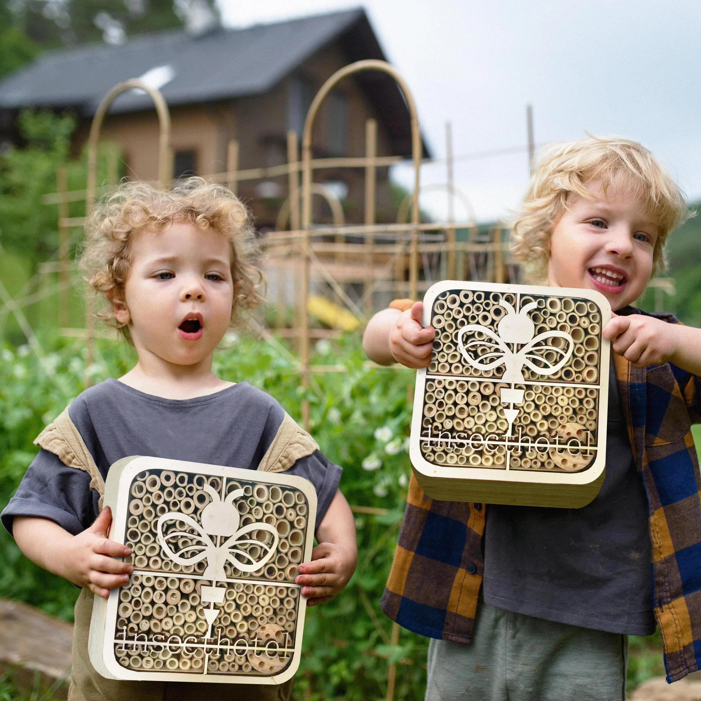 ISOTRONIC Hôtel à Insectes en Bois Naturel – Maison pour Abeilles et Coccinelles avec Abri en Bambou Design Moderne