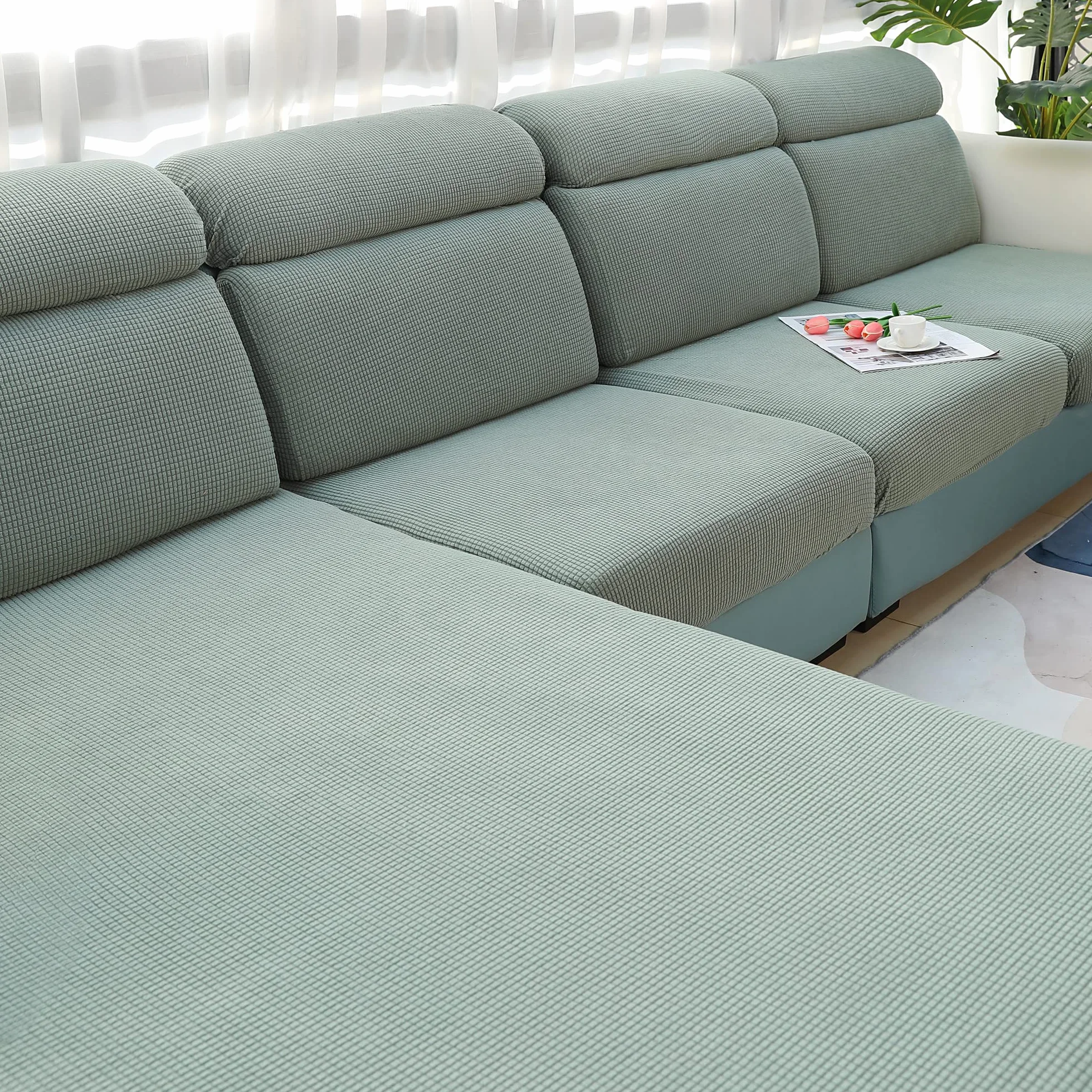 Housse de Coussin de Siège de Canapé Élastique à Carreaux Antidérapant