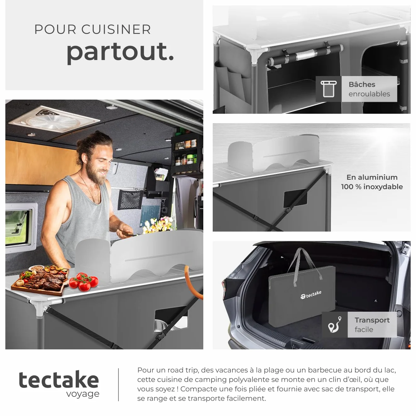 tectake® Meuble de Rangement Cuisine de Camping Pliable en Aluminium, avec Étagères, Plan de Travail, Pieds réglables, Sac de Transport Inclus, Stockage pour Vaisselle, Accessoires Cuisine, Aliments