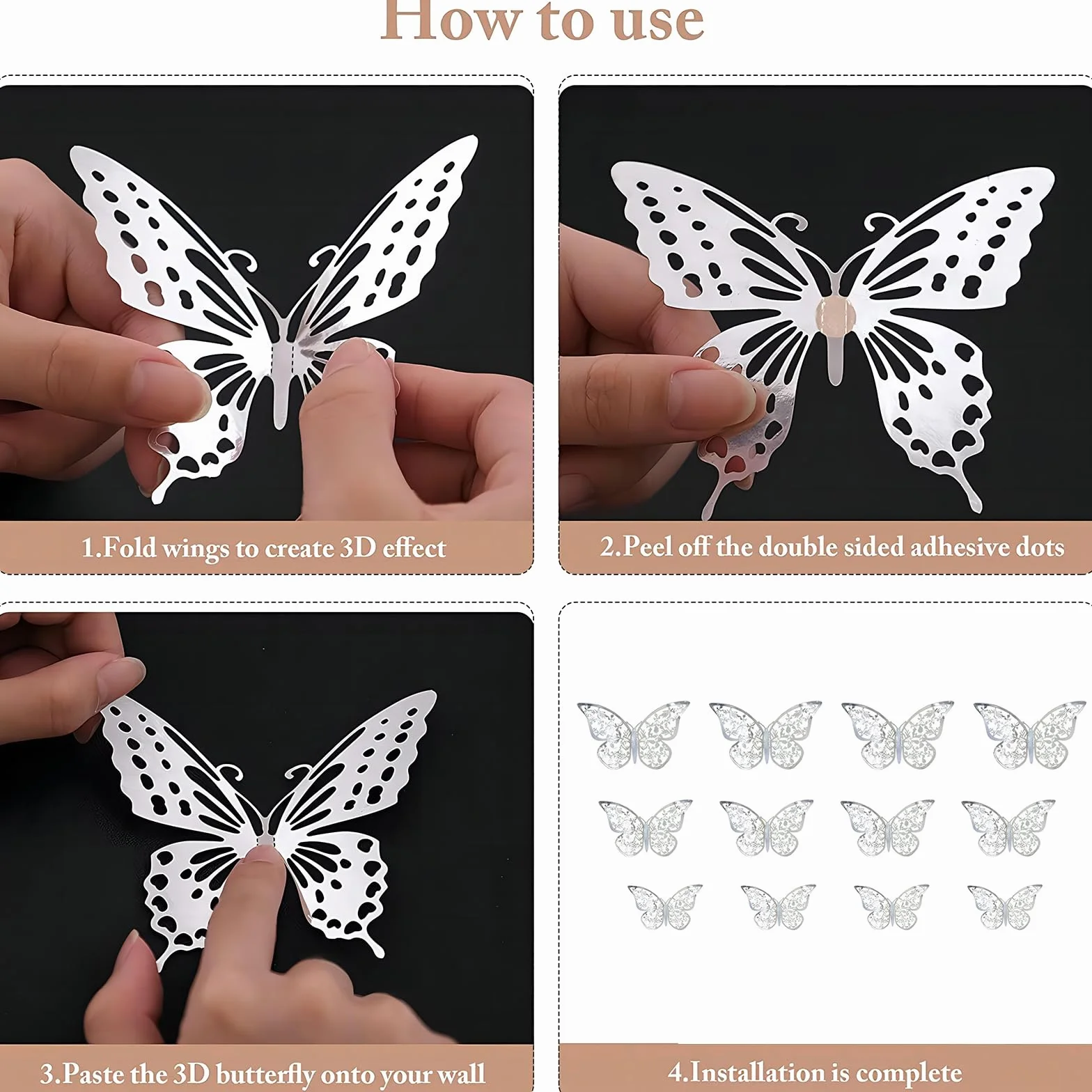Autocollants Muraux Papillon 3D Argent 24 Pièces Décoration Maison Mariage Chambre Enfant