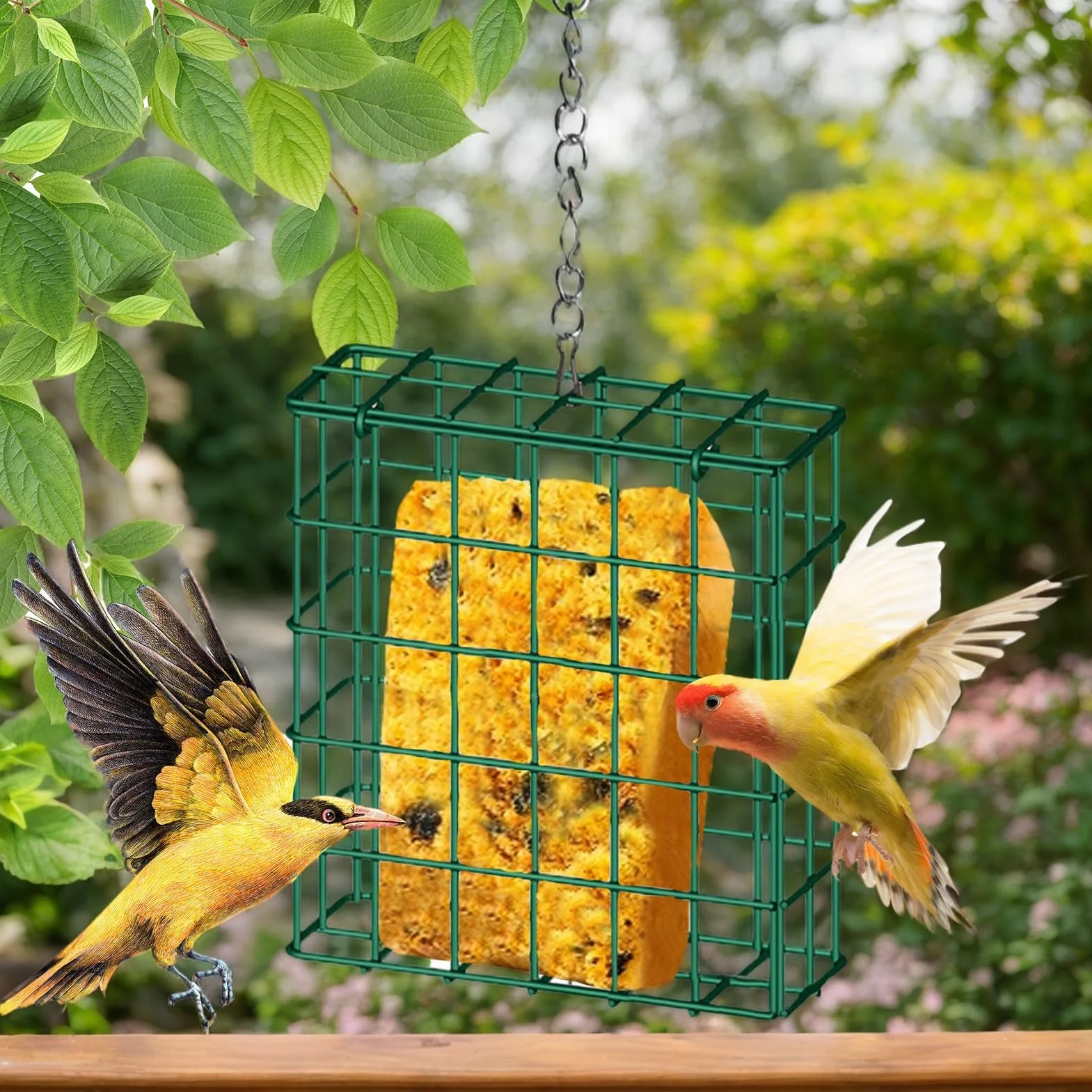 Lot de 2 Mangeoires à Suif Carrées en Fer Résistant aux Écureuils avec Chaîne pour Oiseaux