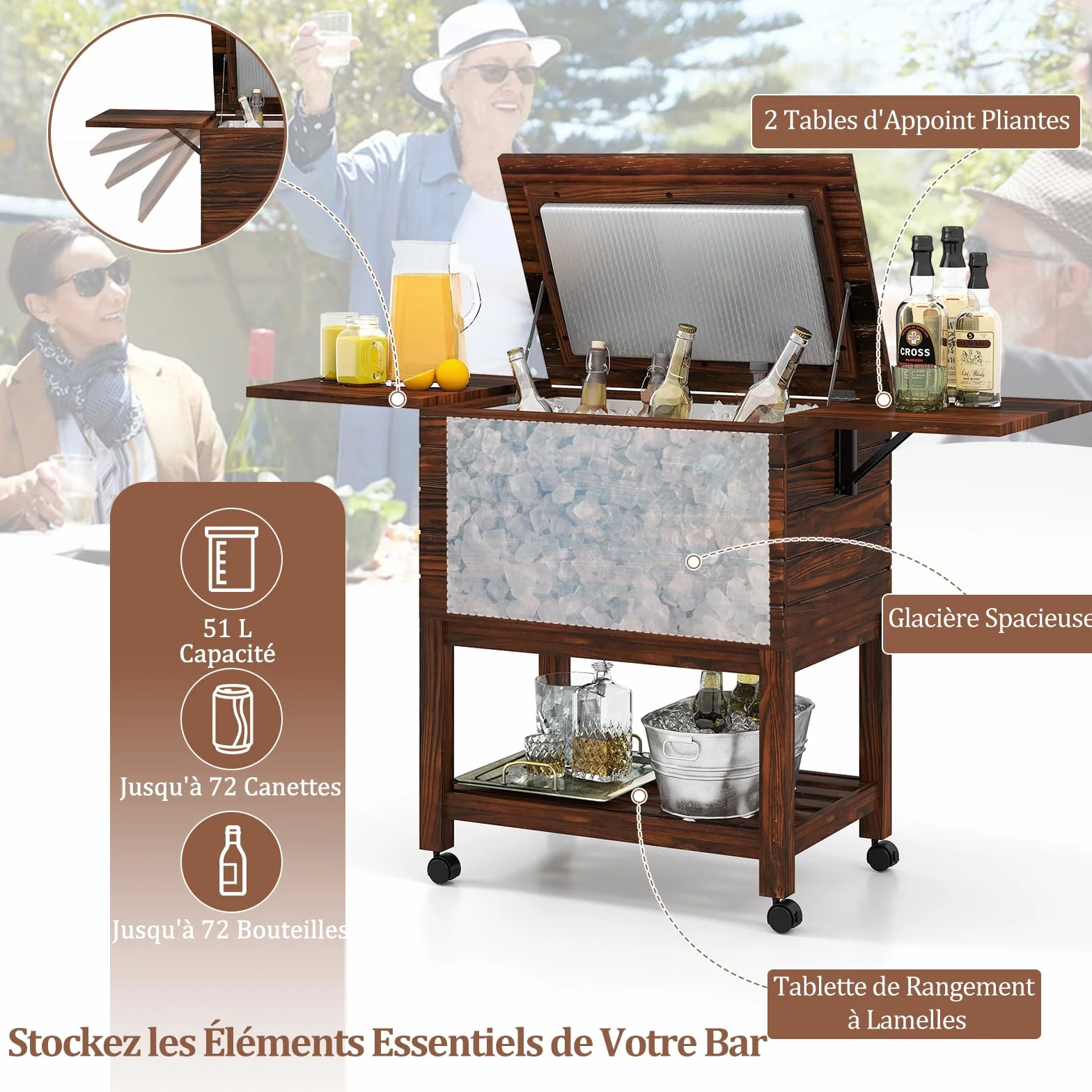 GOPLUS Desserte Glacière Bar Roulante Chariot Jardin 50 L 127 x 42,5 x 74 cm