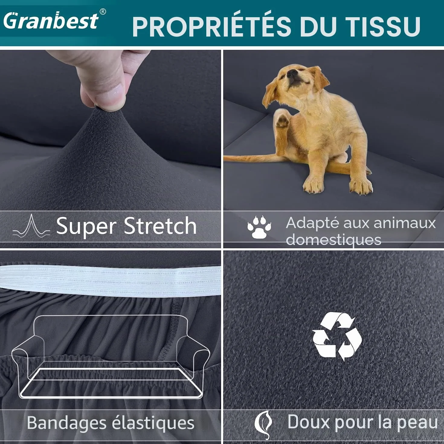 Granbest Housse de Canapé Extensible 3 Places Super Douce Élasthanne Protection Meubles Fond Élastique Gris