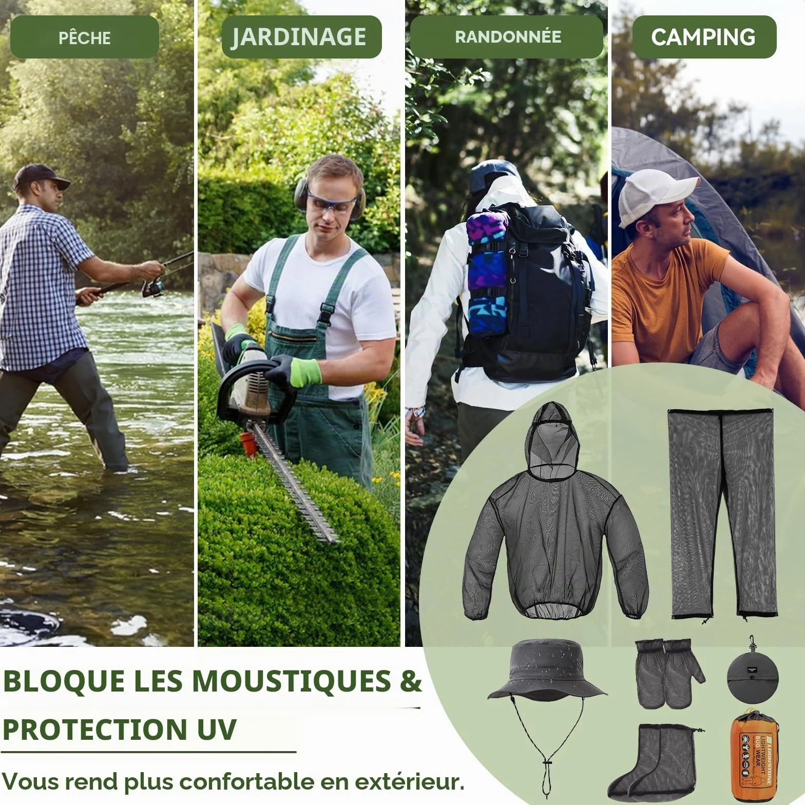 Lot de 5 combinaisons anti-moustiques avec chapeau de moucheron, protection contre les moustiques, filet léger en maille, vêtements d'été avec veste, gants, pantalon pour la pêche, le camping, la