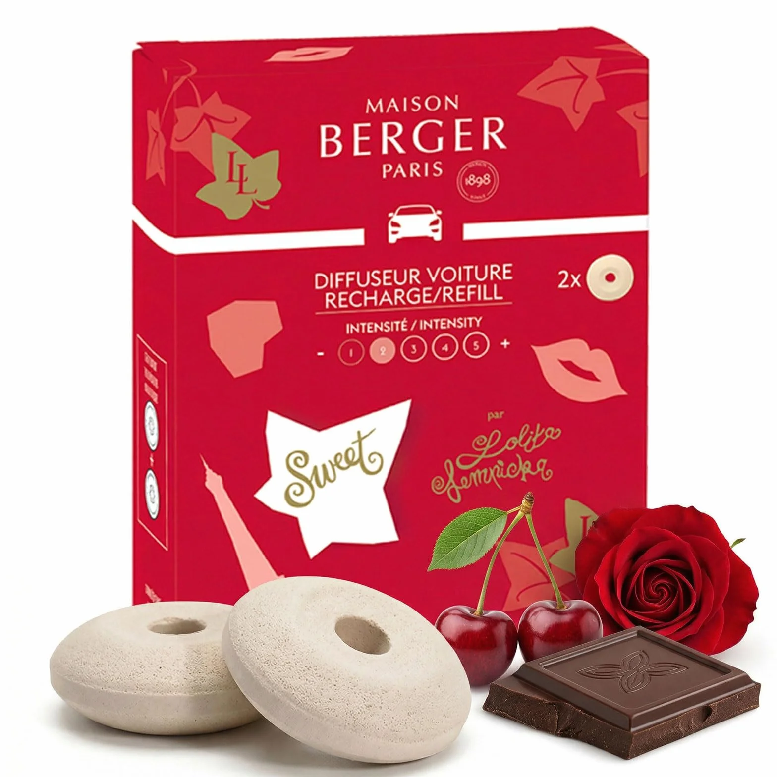 MAISON BERGER Recharge Diffuseur Voiture Lolita Lempicka Sweet Lot de 2 Céramique Diffusion Passive Fabriqué en France