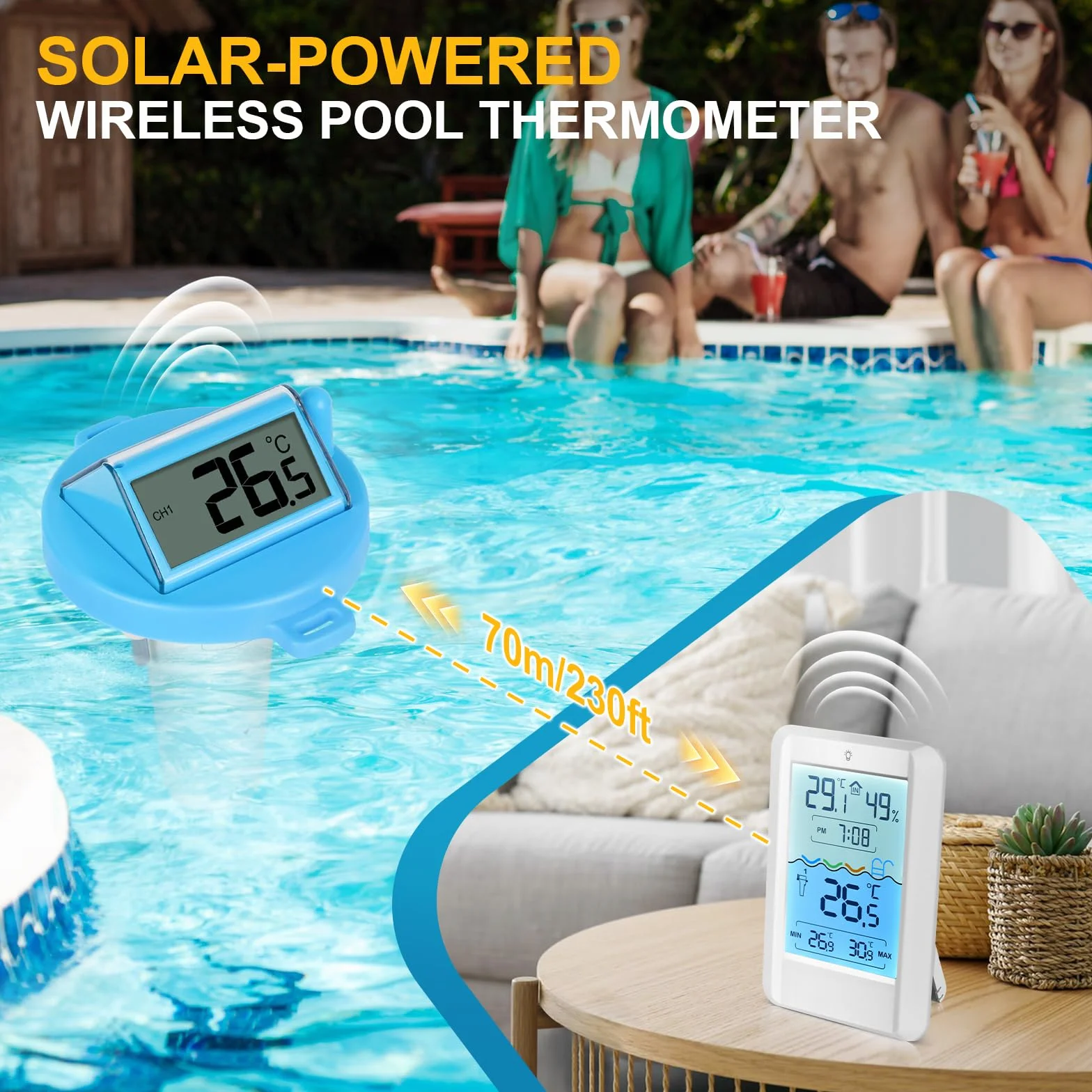 Thermomètre Piscine Solaire PATEMZON, Sans Fil Flottant avec Récepteur Radio LCD