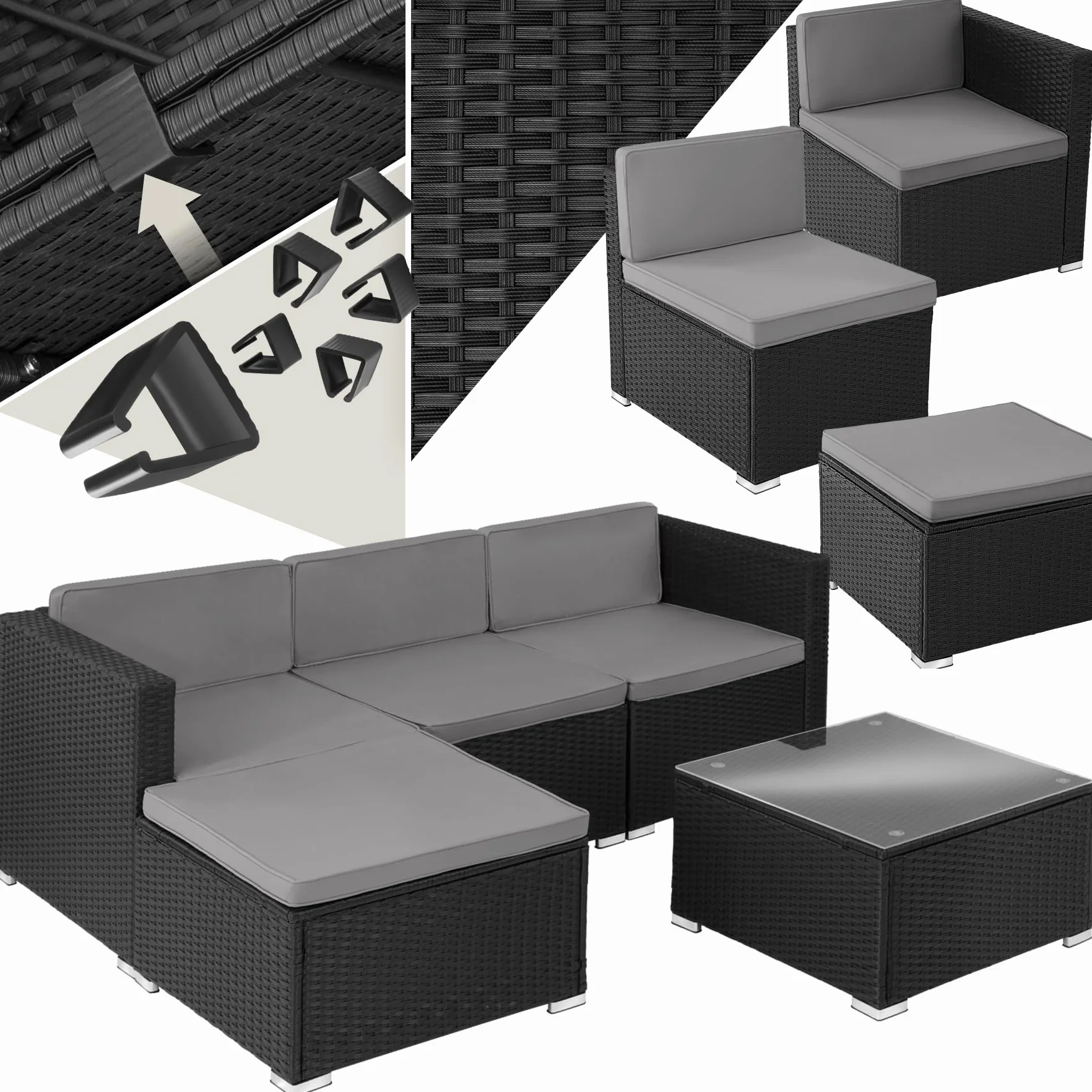 Tectake Ensemble Salon de Jardin Exterieur en Poly Rotin Modulable 4 Places 3 Fauteuils 1 Pouf 1 Table