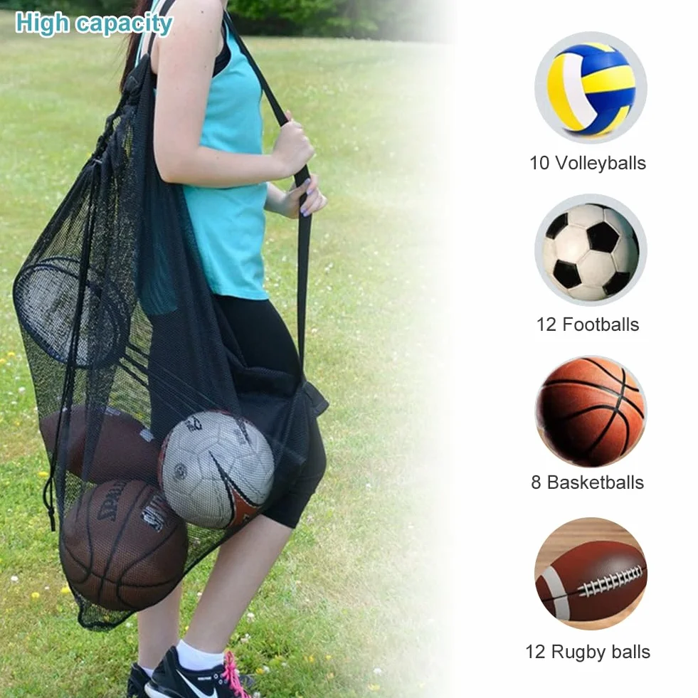 Helweet Sac de Ballon en Filet, Sac à Ballons de Foot, Sacs de Rangement pour Football, pour Basket-Ball Football Volley-Ball, Tennis, Rangement des Équipements de Sport Plage, 72 X 100 cm, Noir