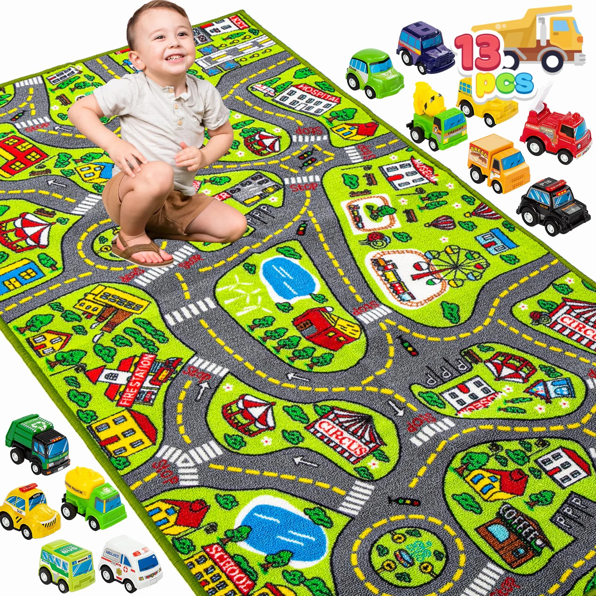 JOYIN Tapis de Jeu avec 12 Mini Voitures 80 x 150 cm pour Enfants Garçon et Fille