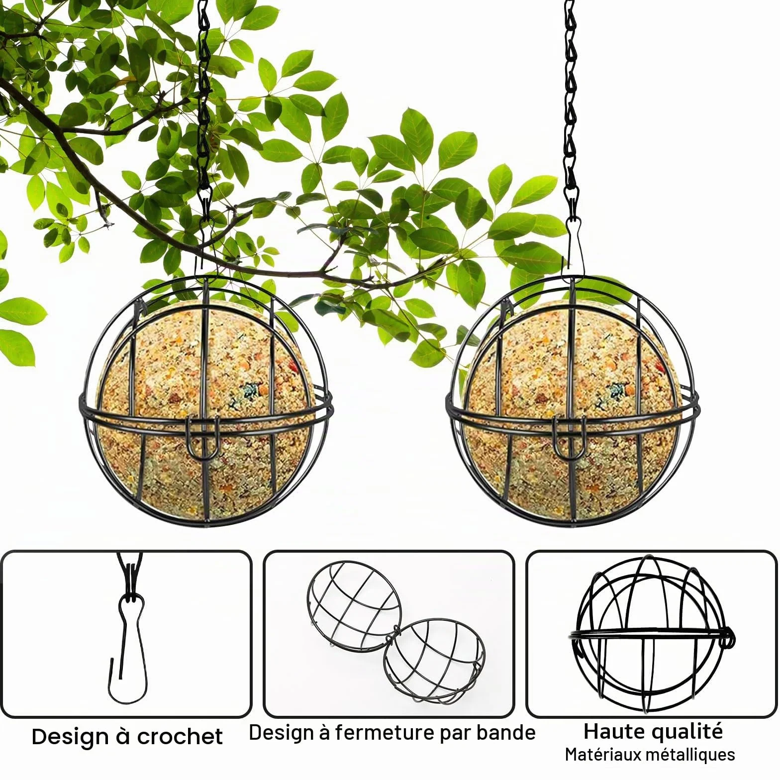 Mangeoires à boules de graisse pour oiseaux en métal anti-écureuils 4 pièces avec crochets S extérieur