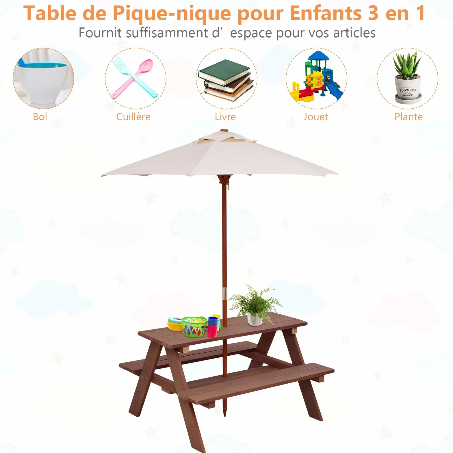COSTWAY Table de Pique-Nique Enfants avec Parasol Amovible, Bois, 89x79x175cm