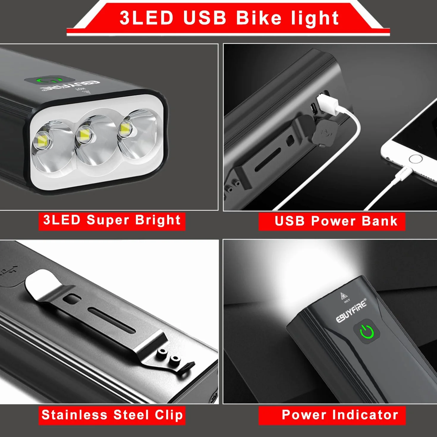 EBUYFIRE Ensemble Lumière Vélo Rechargeable USB, Phare de Vélo Super Lumineux avec Feu Arrière, 5200mAh Feux Avant de Vélo à Affichage numérique LED étanche IPX5 pour Tous Les vélos