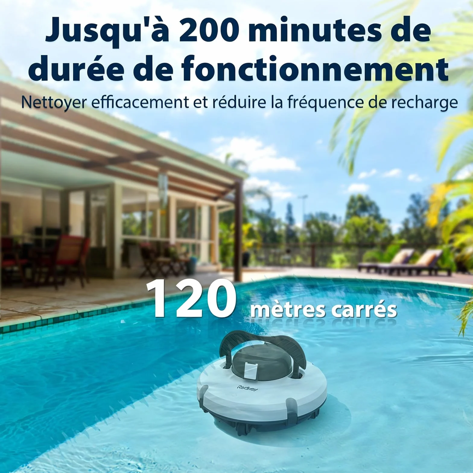 Redkey S100 Robot Piscine Sans Fil, 200Min Nettoyage Puissant 18° Pente, Aspirateur Piscine Hors Sol 120㎡