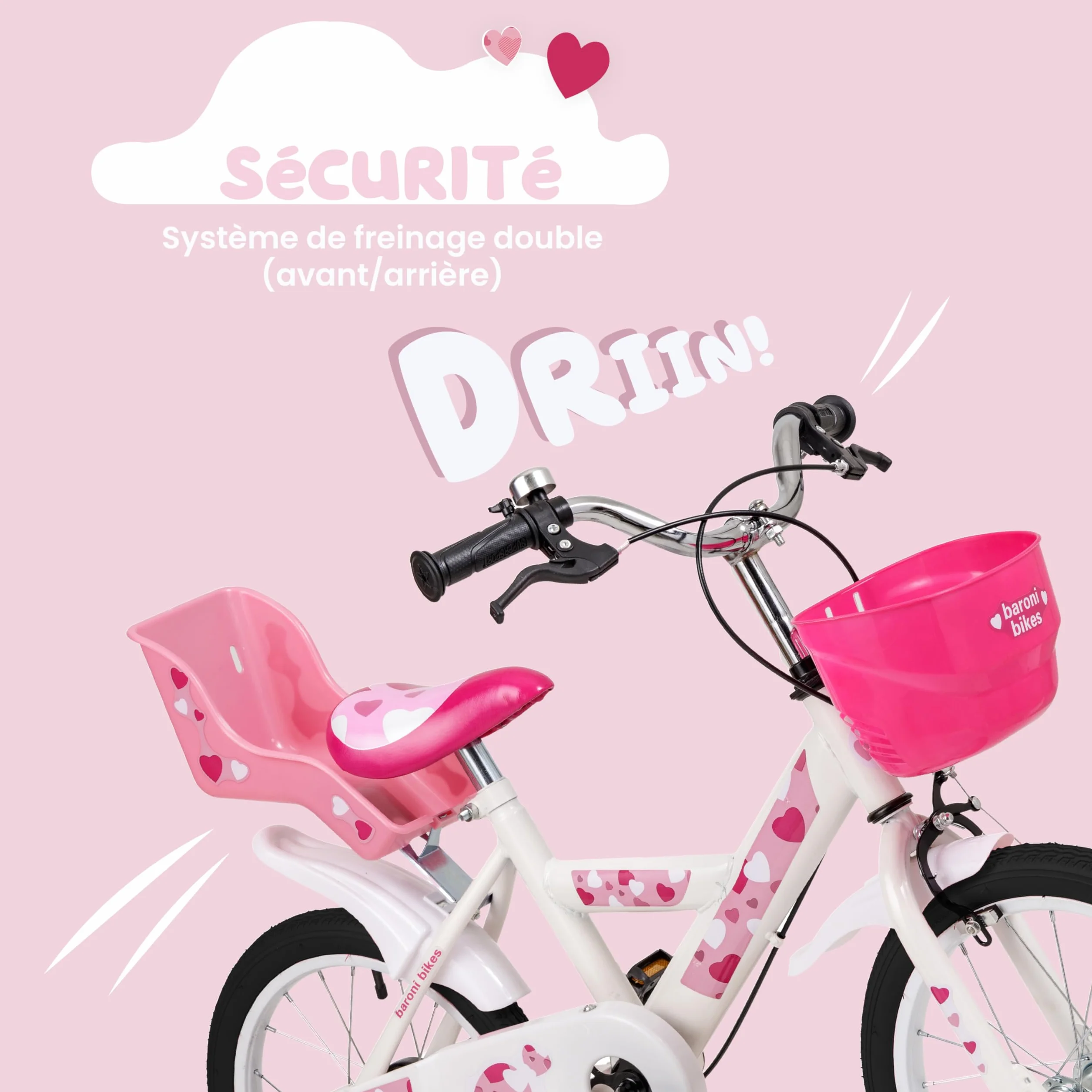 Baroni Toys Bicyclette pour Filles, Rose avec cœurs, vélo Design avec Porte-Bagages et Roues incluses, Bicyclette en Acier avec Panier pour Filles, Rose, cœurs, Taille 12", 14" et 16"