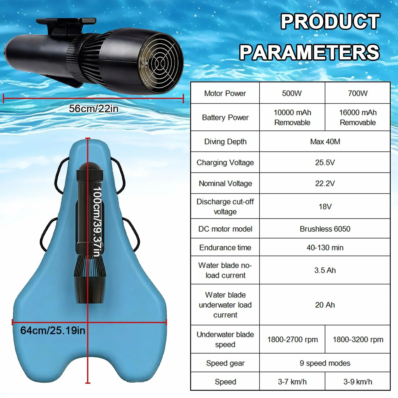 Planche de Surf électrique 500 W / 700 W avec Moteur, propulseur sous-Marin 24 V, Batterie pour ailerons de Surf et de Sup, pour Planche À Pagaie, Kayak, Bateau Pêche 700W