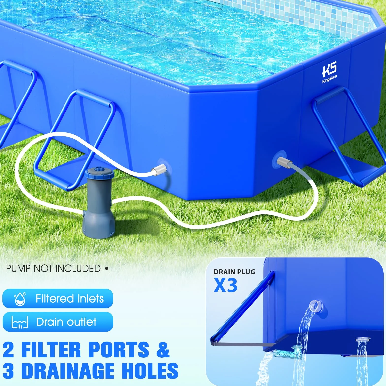 KingSom Piscine Tubulaire Rectangulaire 300 x 185 x 51 cm Hors Sol Metal Frame