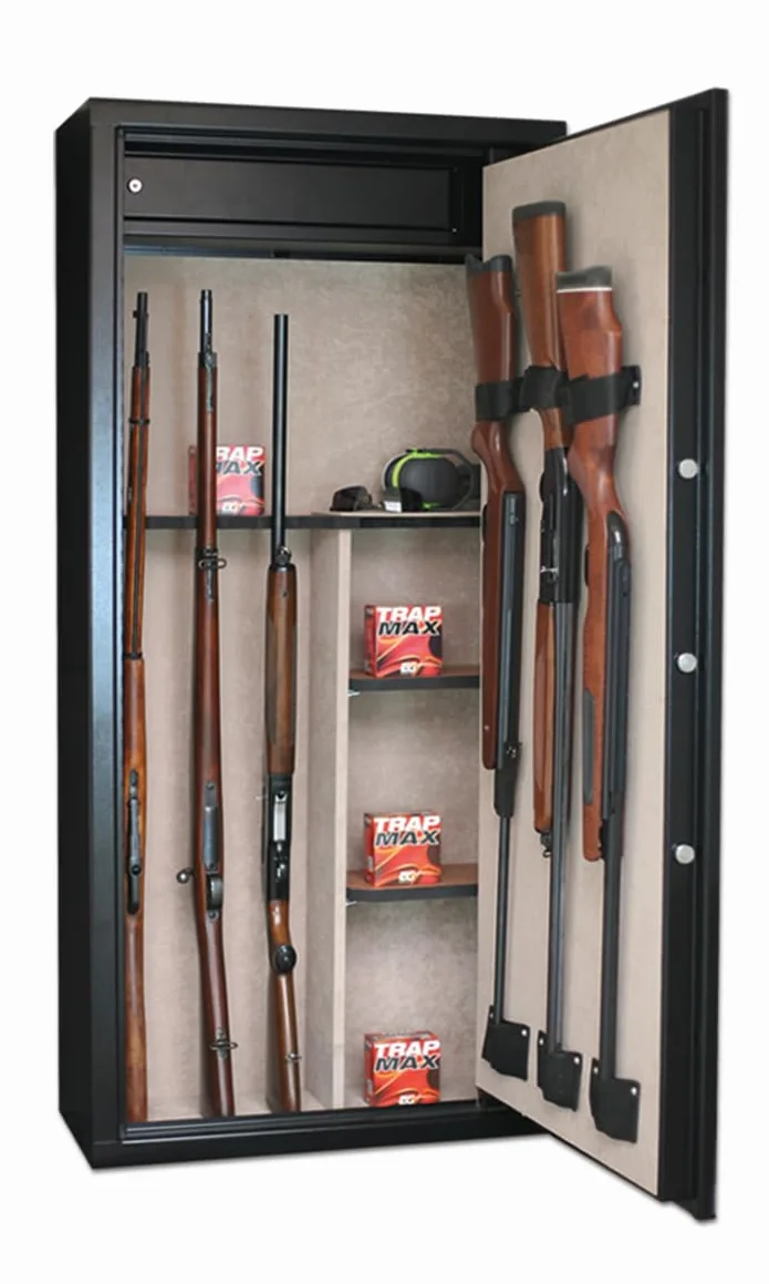 Safe CLT14 Armoire forte pour Armes en Acier | 11 Armes avec lunette + 3 dans la porte | Coffre intérieur | Etagères amovibles | Serrure à clé | Conforme norme européenne
