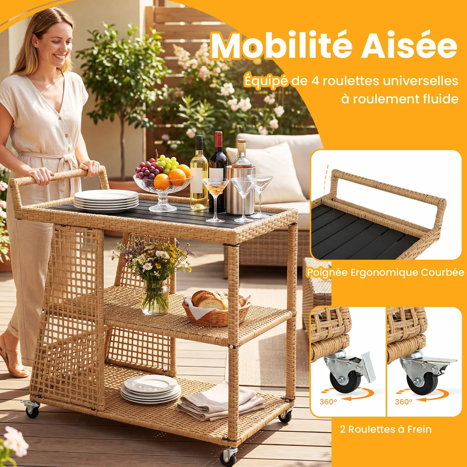 COSTWAY Desserte Exterieur en Rotin PE 3 Niveaux, Chariot de Bar Jardin à roulettes avec Plateau Large