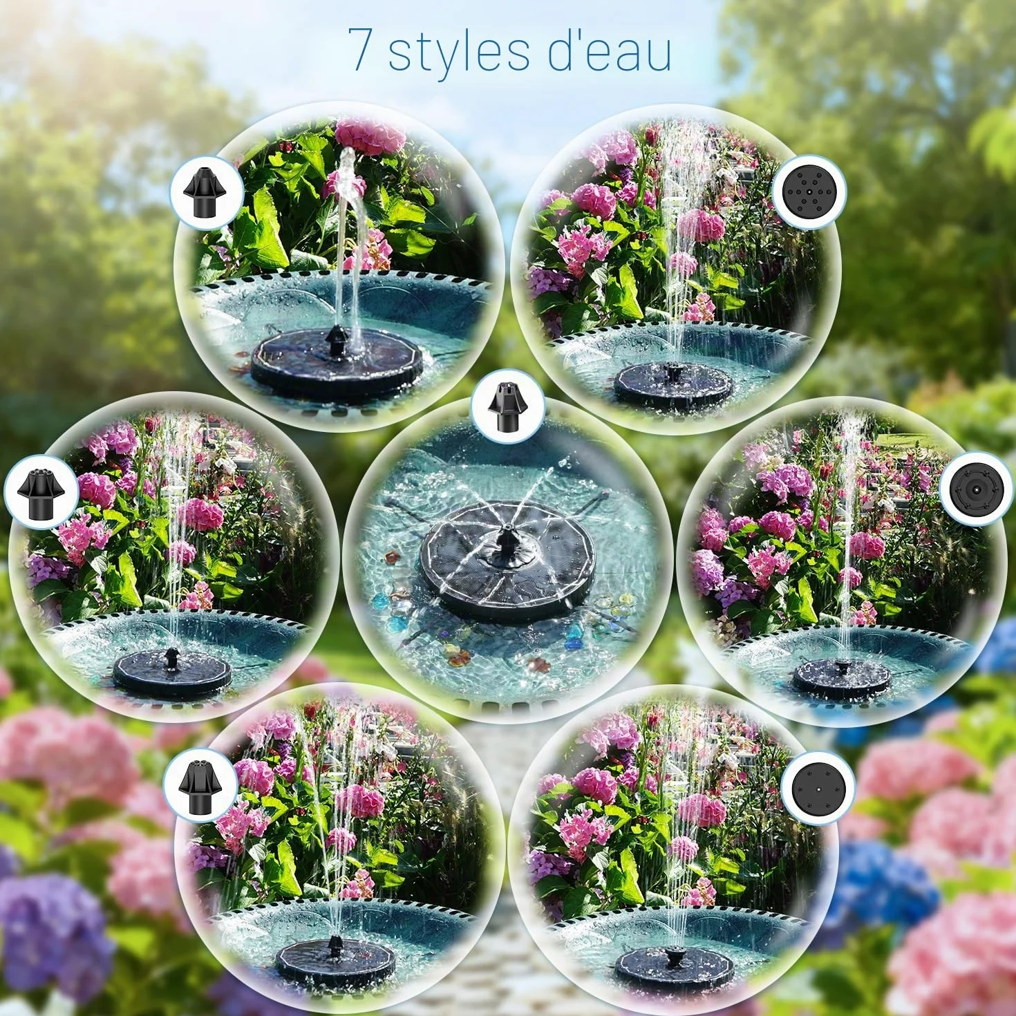 Fontaine Solaire Yzert 3.5W Extérieur Flottante Pompe Bassin 2000mAh 7 Buses 4 Barres Rotatives Jardin Noir