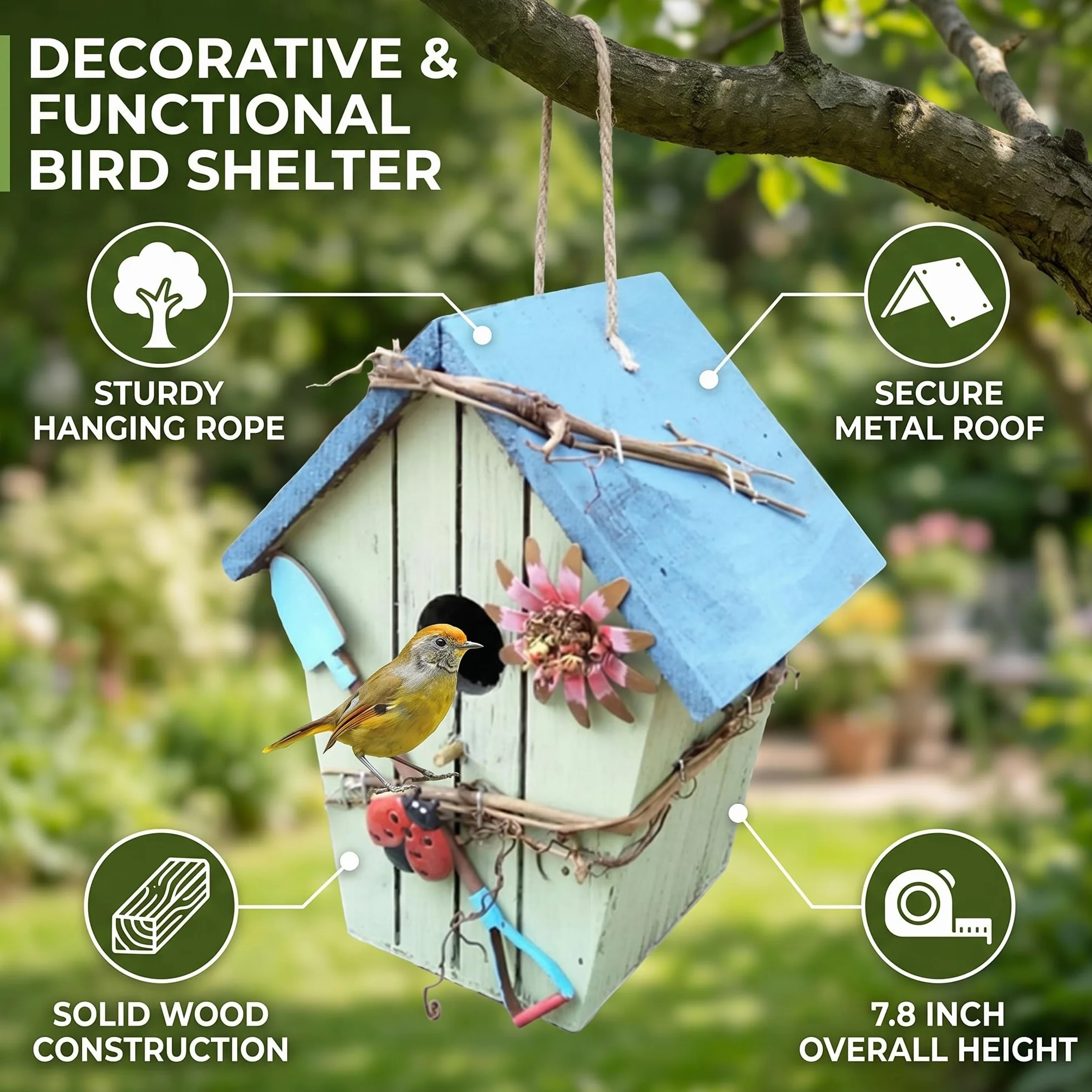 Nichoir à Oiseaux Peint à la Main, Décoration de Jardin Suspendue pour L'extérieur avec Toit et Corde en Métal (Blue)