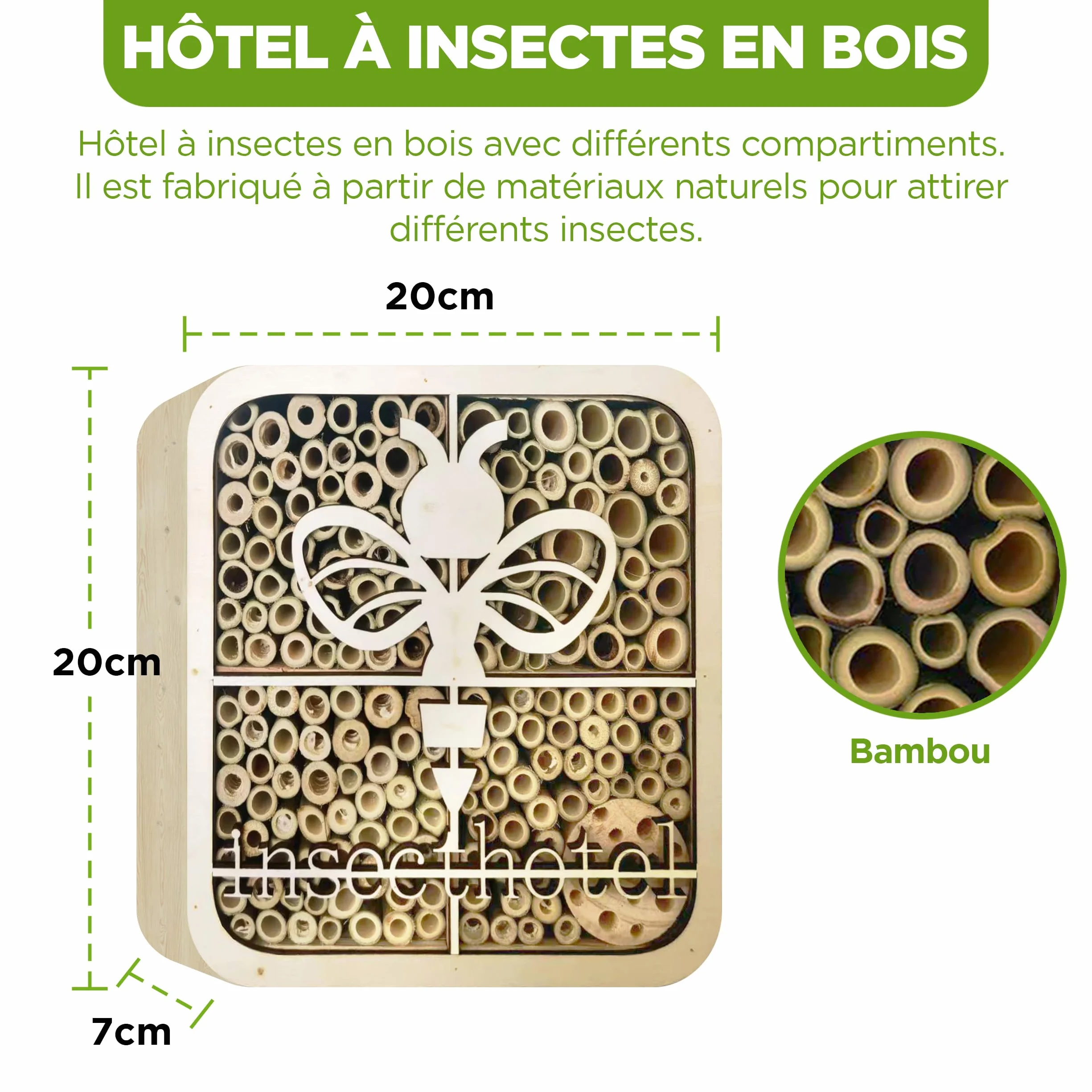 ISOTRONIC Hôtel à Insectes en Bois Naturel – Maison pour Abeilles et Coccinelles avec Abri en Bambou Design Moderne
