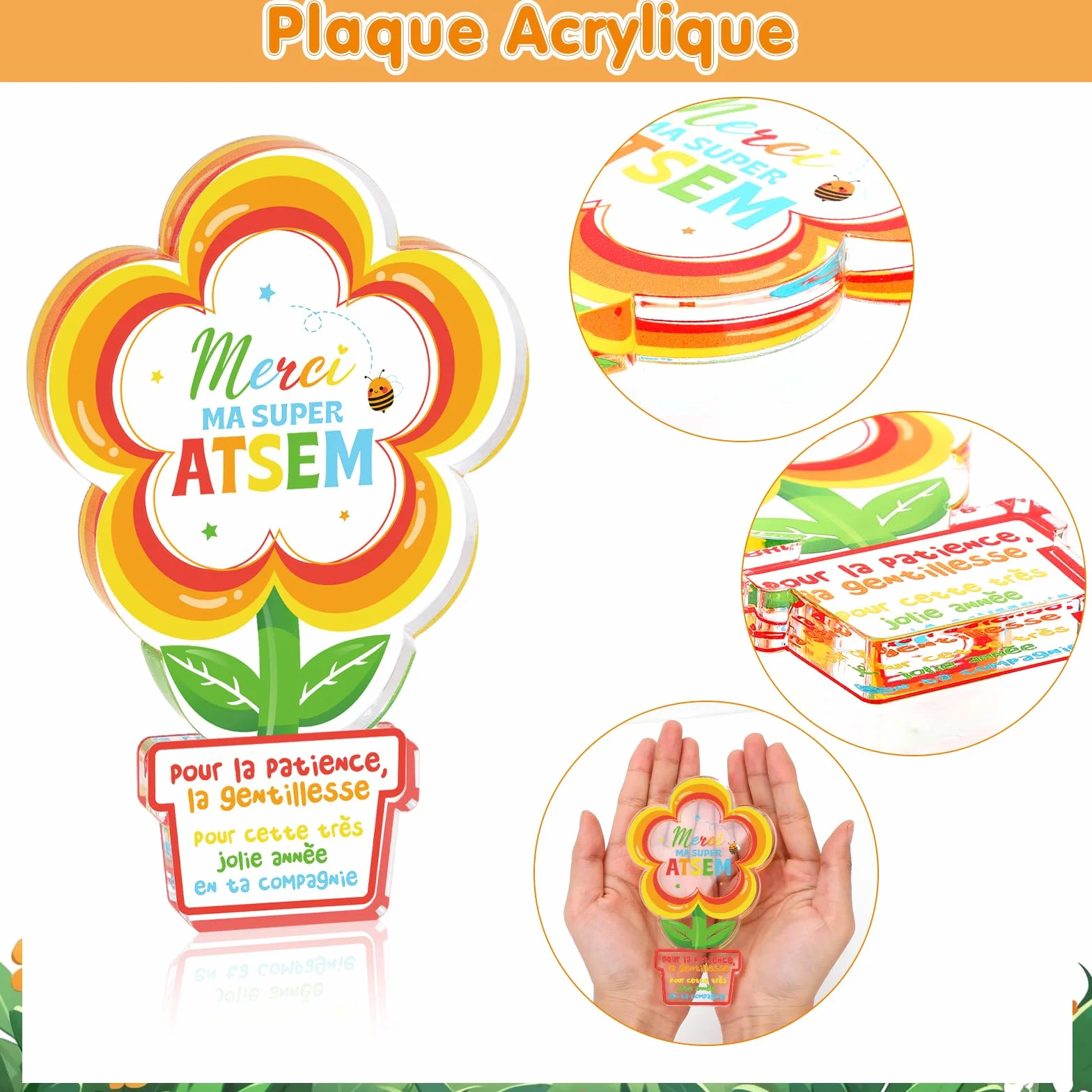 Plaque Acrylique Cadeau Atsem Maternelle Fin d'Année Merci Décoration Fleur