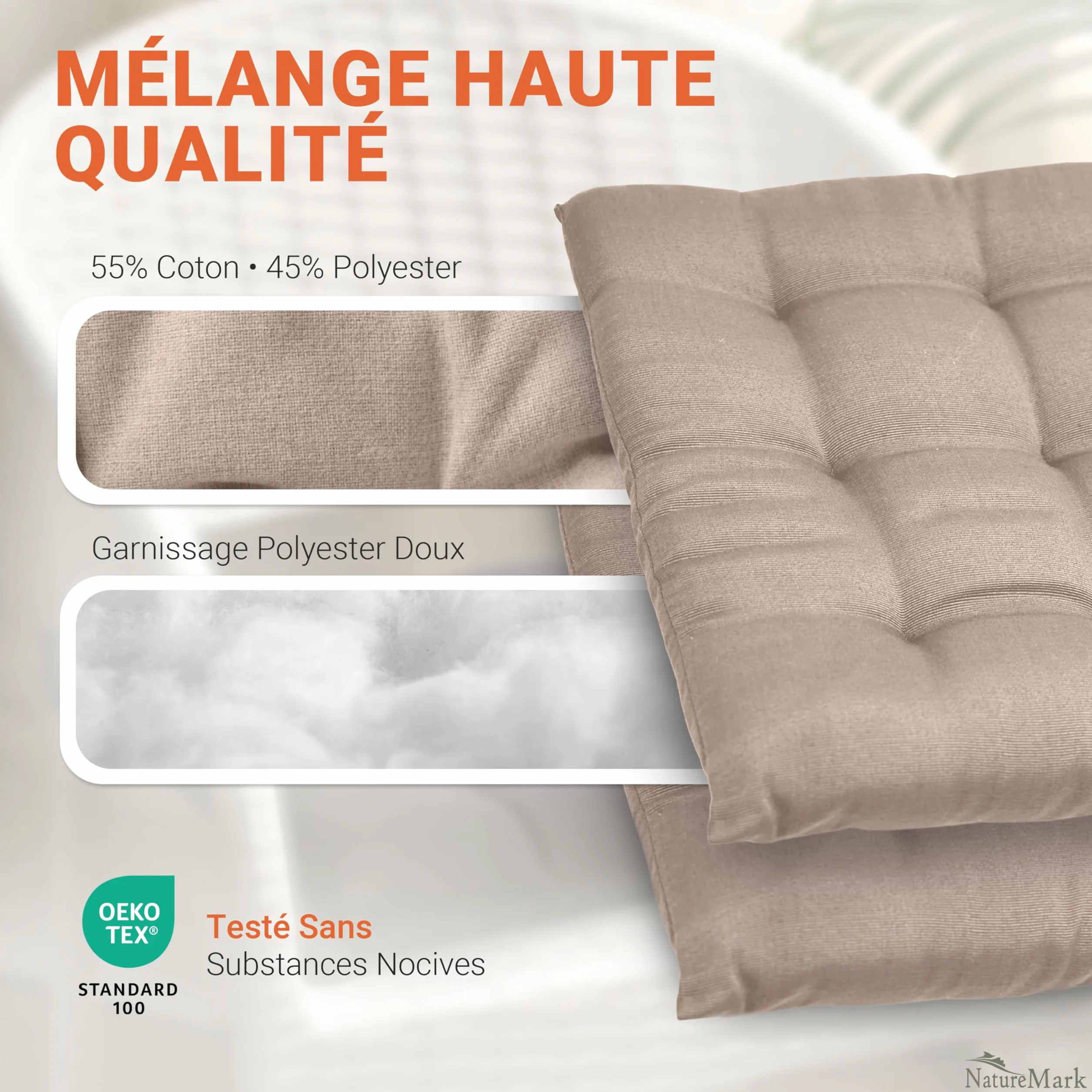 NatureMark Lot de 4 Galettes de Chaises 40x40 cm Coussin de Chaise Épais Sable/Beige