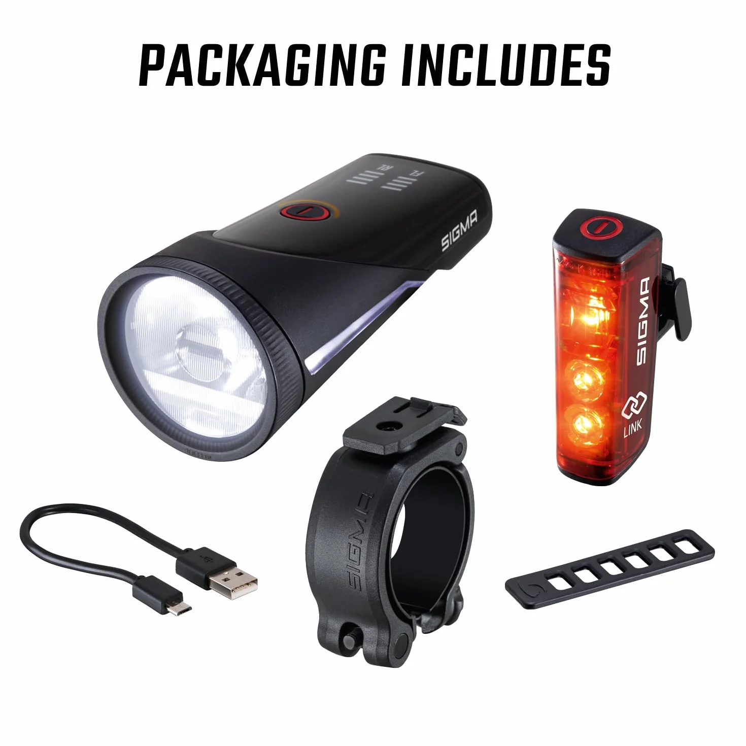 SIGMA Kit d'éclairage vélo Aura 100/Blaze Link (Support à vis) | Fonction de couplage innovante Eclairage vélo à LED 100 lux à l'avant | Feu arrière avec Fonction feu Stop