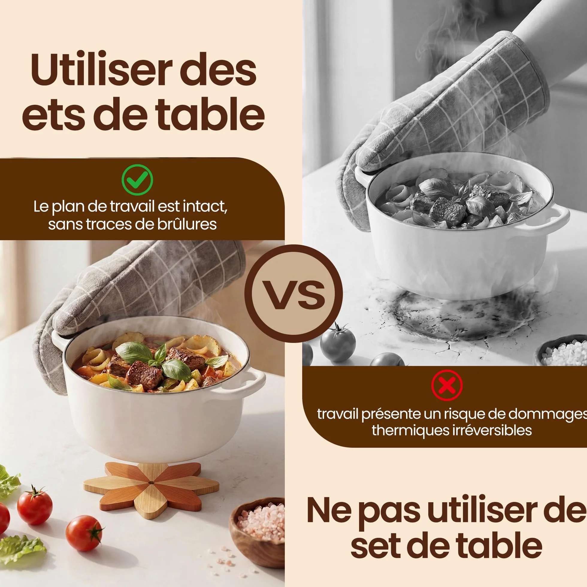 Dessous de Plat Isolé en Bois et Bambou Marron Beige 15cm Résistant Plats Chauds Décoratif Pratique