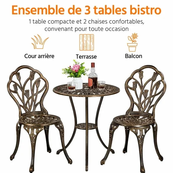 Yaheetech Ensemble Table et Chaises Salon de Jardin Balcon Kit Bistro 2 Chaises 1 Table Aluminium Bronze