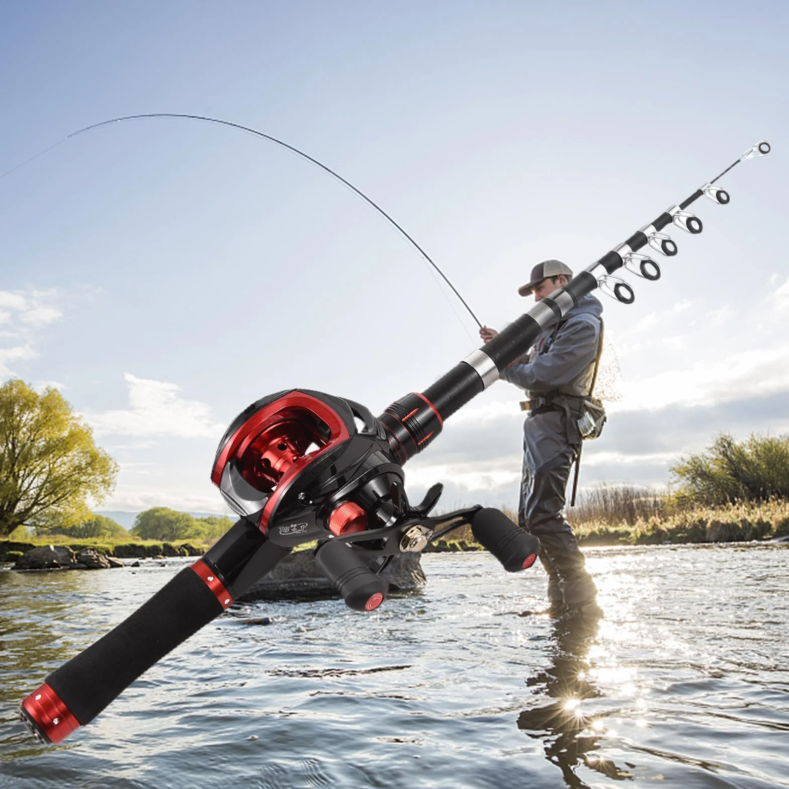 Canne à pêche télescopique 2,4 m Moulinet baitcasting gaucher