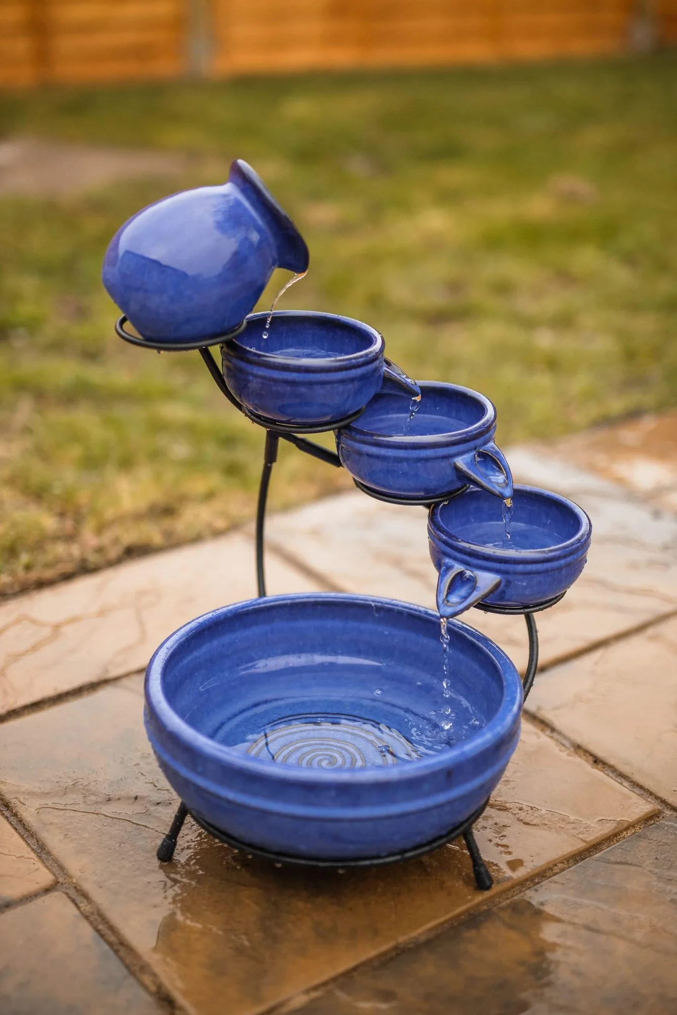 Fontaine solaire en cascade 49 cm céramique 5 niveaux basse tension jardin extérieur