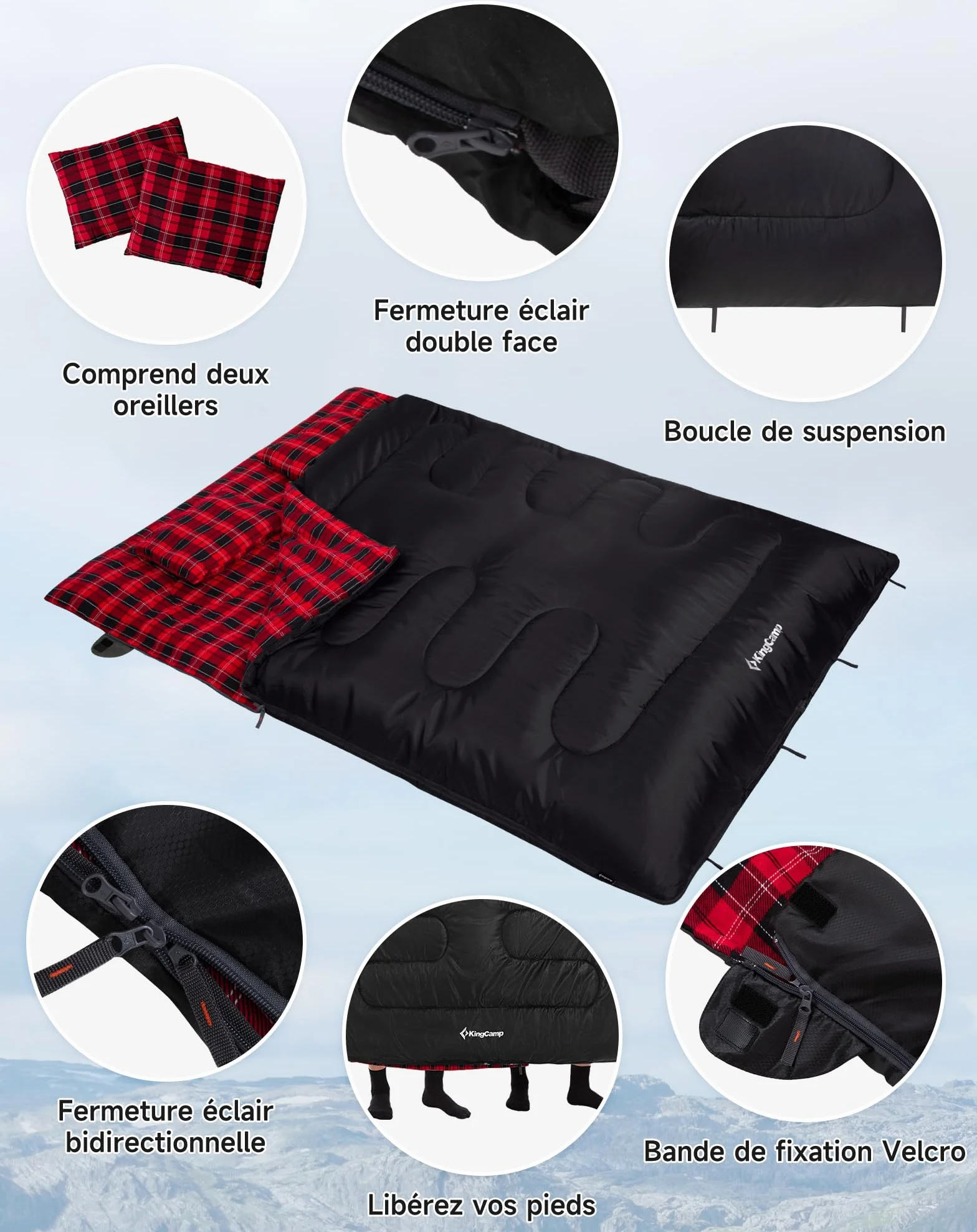 KingCamp Sac de Couchage Double 220x150cm avec 2 Oreillers pour Camping