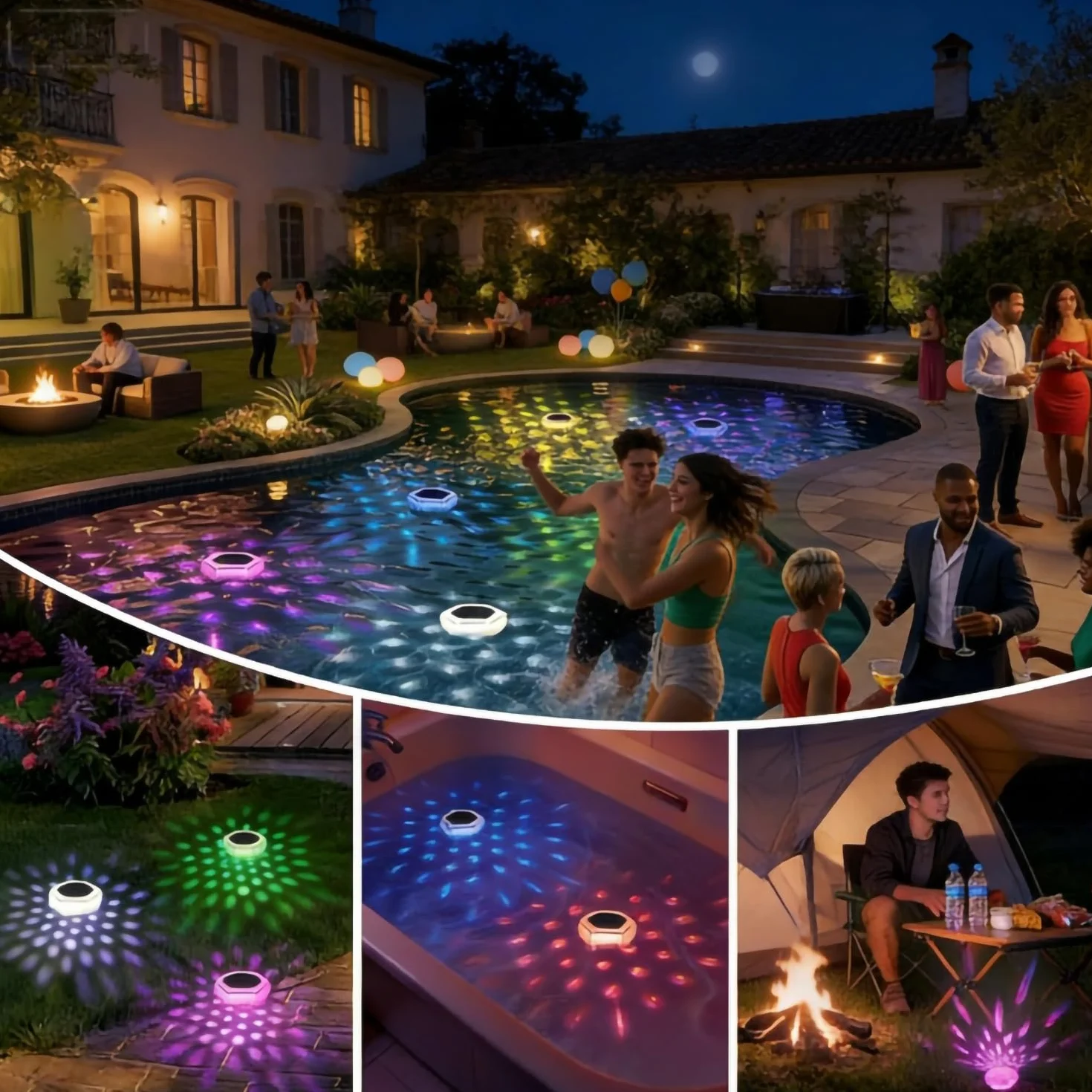 Lumiere Piscine Flottante Solaire 2 Pièces IP68 Étanche RGB 7 Couleurs avec Télécommande